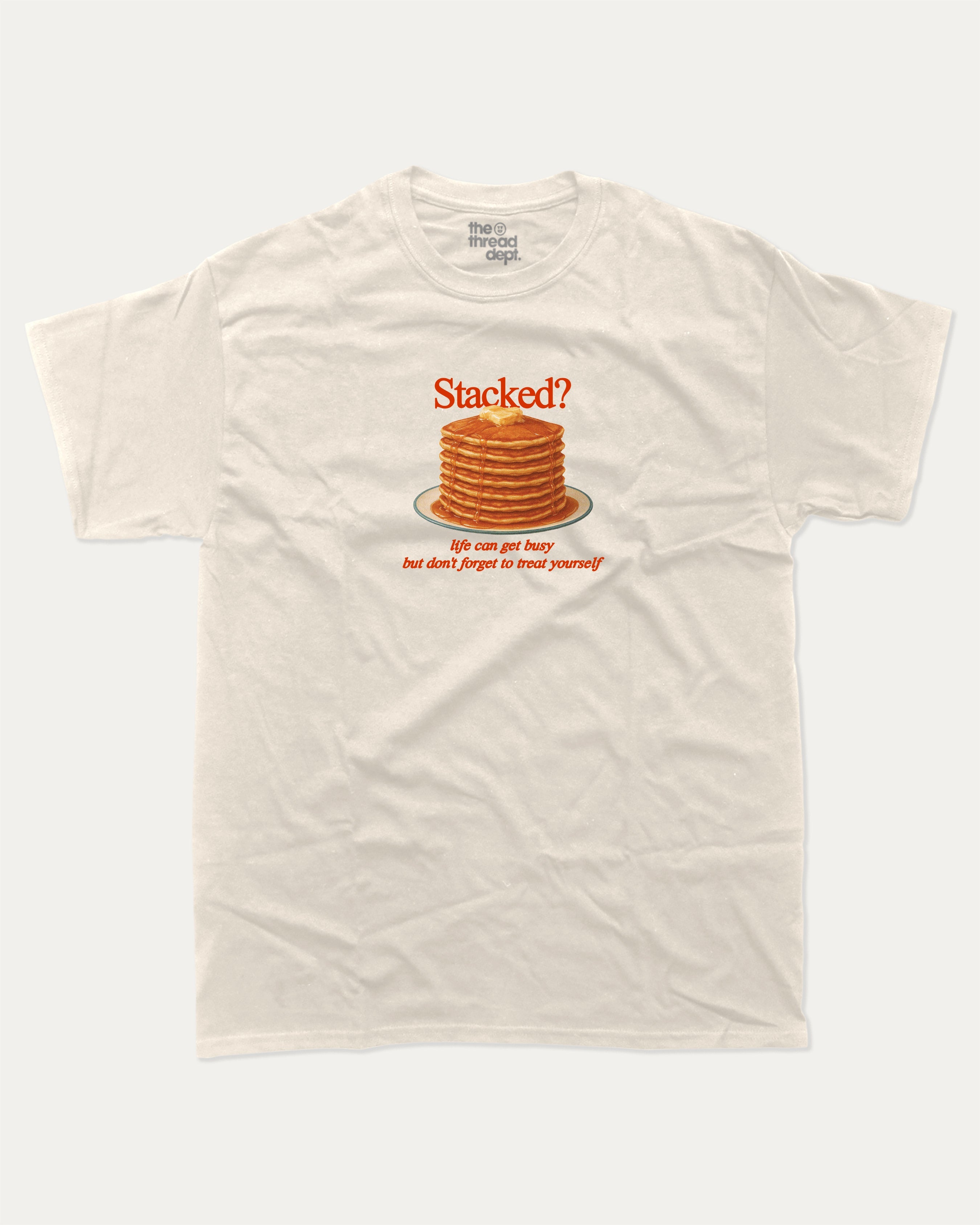 Stacked graphic tee with bold and humorous print, Funny Food Graphic T shirt, Food Graphic Shirt, funny and trendy graphic. Perfect for adults and gift-giving. Cream shirt.