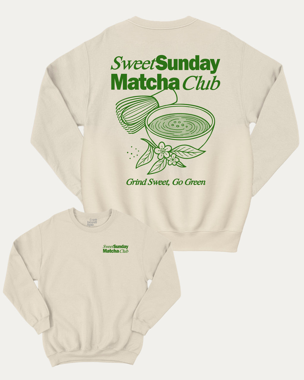 Sweet Sunday Matcha Club graphic sweatshirt with bold and humorous print, Perfect Gift for Matcha Lover, Matcha Graphic T shirt, warm and cozy graphic for everyday wear. Perfect for adults and gift-giving. Natural pullover.