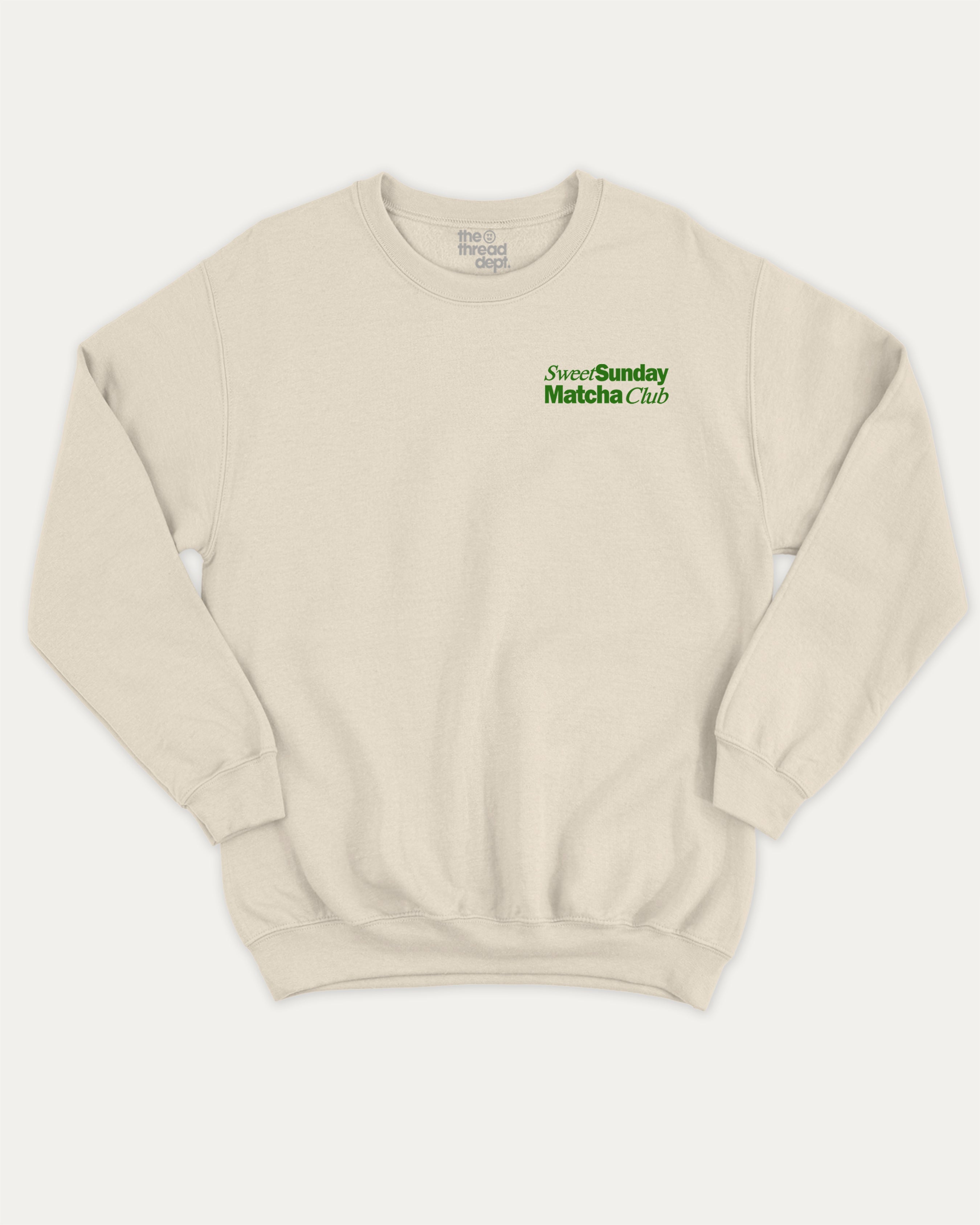 Sweet Sunday Matcha Club graphic sweatshirt with bold and humorous print, Perfect Gift for Matcha Lover, Matcha Graphic T shirt, warm and cozy graphic for everyday wear. Perfect for adults and gift-giving. Natural pullover.