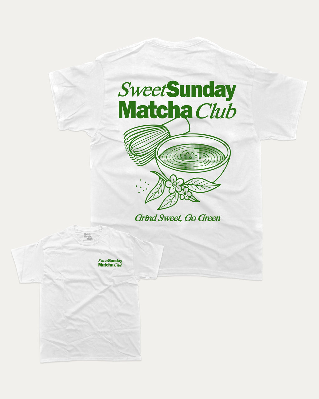 Sweet Sunday Matcha Club graphic tee with bold and humorous print, Perfect Gift for Matcha Lover, Matcha Graphic T shirt, funny and trendy graphic. Perfect for adults and gift-giving. White shirt.