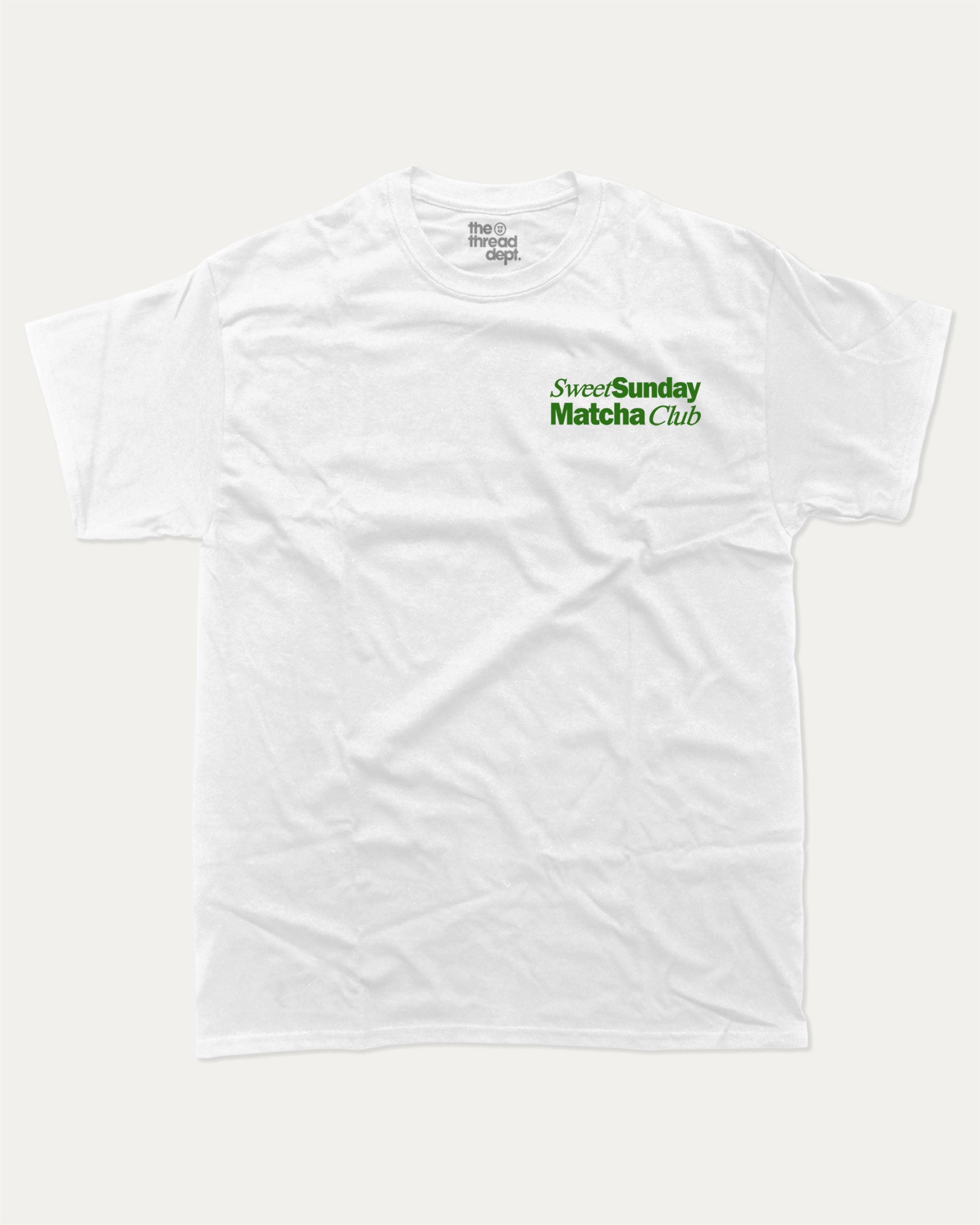 Sweet Sunday Matcha Club graphic tee with bold and humorous print, Perfect Gift for Matcha Lover, Matcha Graphic T shirt, funny and trendy graphic. Perfect for adults and gift-giving. White shirt.