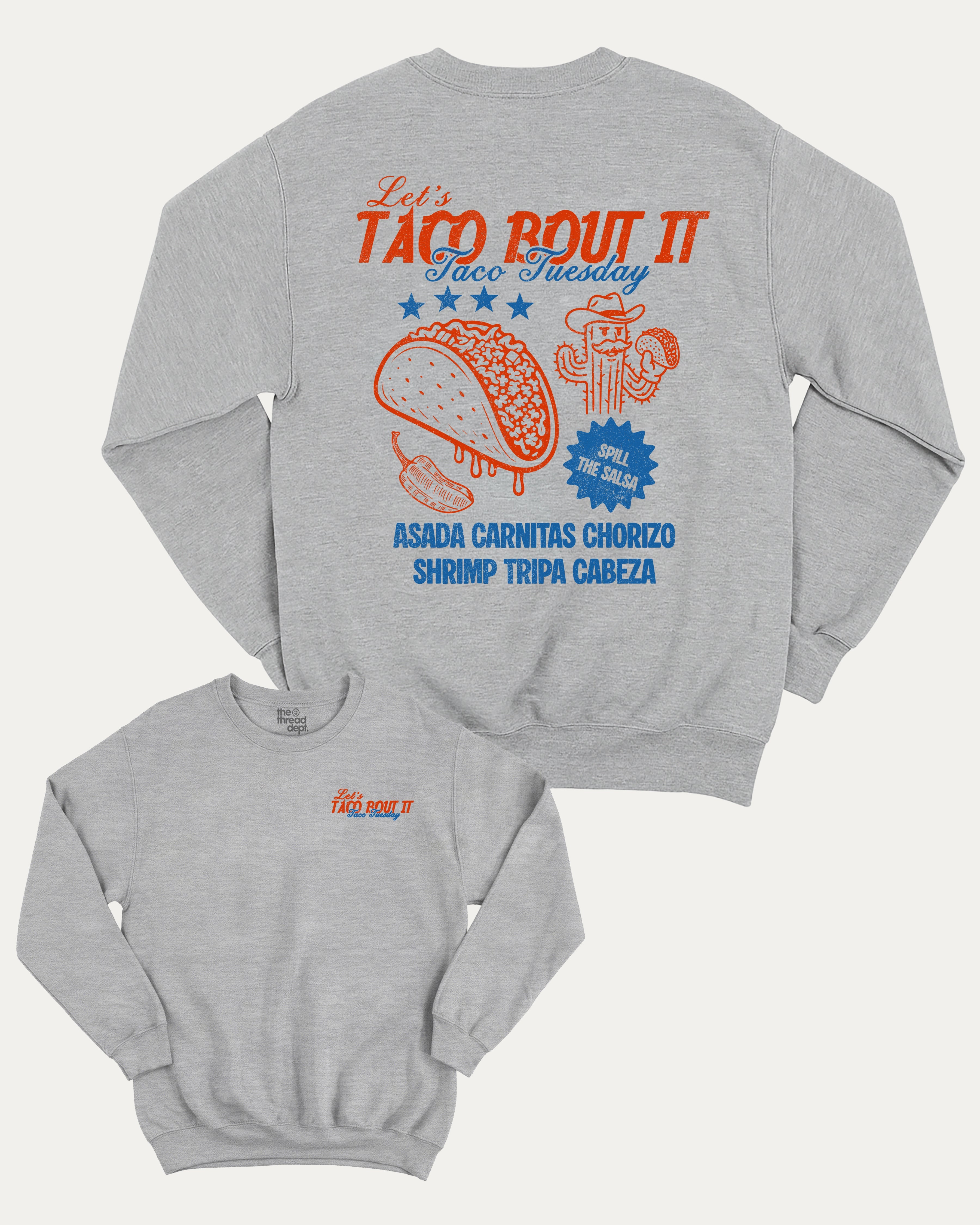 Taco bout it graphic sweatshirt with bold and humorous print, Perfect Gift for Taco Lovers, Taco Graphic T shirt, Vintage Taco T shirt, Vintage Taco Back Print T shirt, warm and cozy graphic for everyday wear. Perfect for adults and gift-giving. Heather Grey pullover.