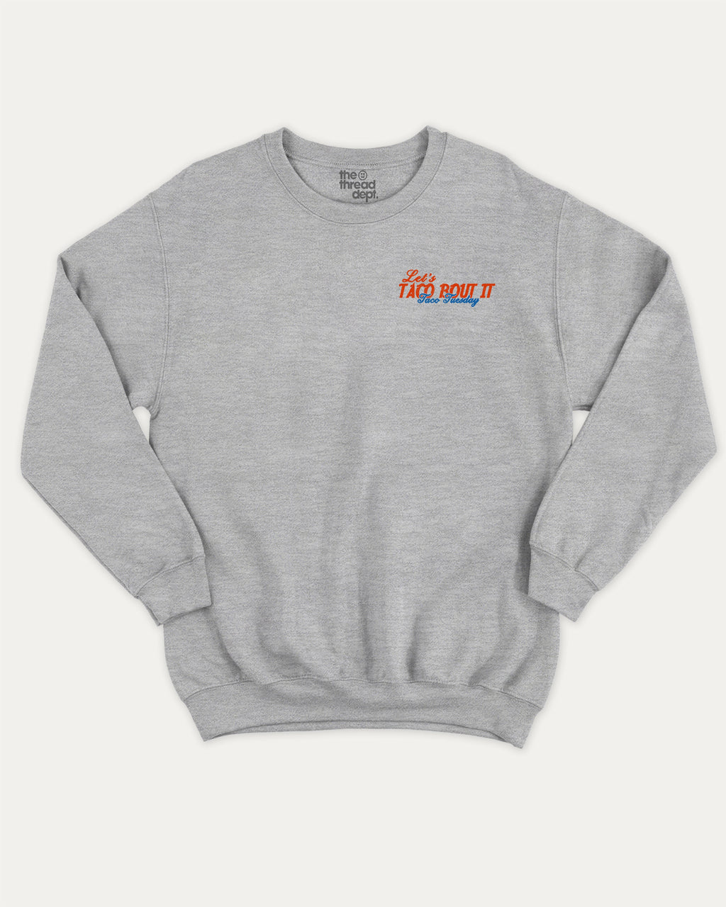 Taco bout it graphic sweatshirt with bold and humorous print, Perfect Gift for Taco Lovers, Taco Graphic T shirt, Vintage Taco T shirt, Vintage Taco Back Print T shirt, warm and cozy graphic for everyday wear. Perfect for adults and gift-giving. Heather Grey pullover.