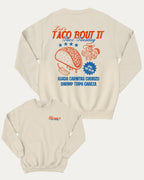 Taco bout it graphic sweatshirt with bold and humorous print, Perfect Gift for Taco Lovers, Taco Graphic T shirt, Vintage Taco T shirt, Vintage Taco Back Print T shirt, warm and cozy graphic for everyday wear. Perfect for adults and gift-giving. Natural pullover.
