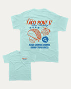Taco bout it graphic tee with bold and humorous print, Perfect Gift for Taco Lovers, Taco Graphic T shirt, Vintage Taco T shirt, Vintage Taco Back Print T shirt, funny and trendy graphic. Perfect for adults and gift-giving. Celadon shirt.