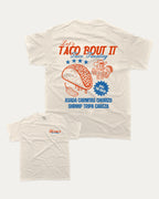 Taco bout it graphic tee with bold and humorous print, Perfect Gift for Taco Lovers, Taco Graphic T shirt, Vintage Taco T shirt, Vintage Taco Back Print T shirt, funny and trendy graphic. Perfect for adults and gift-giving. Cream shirt.