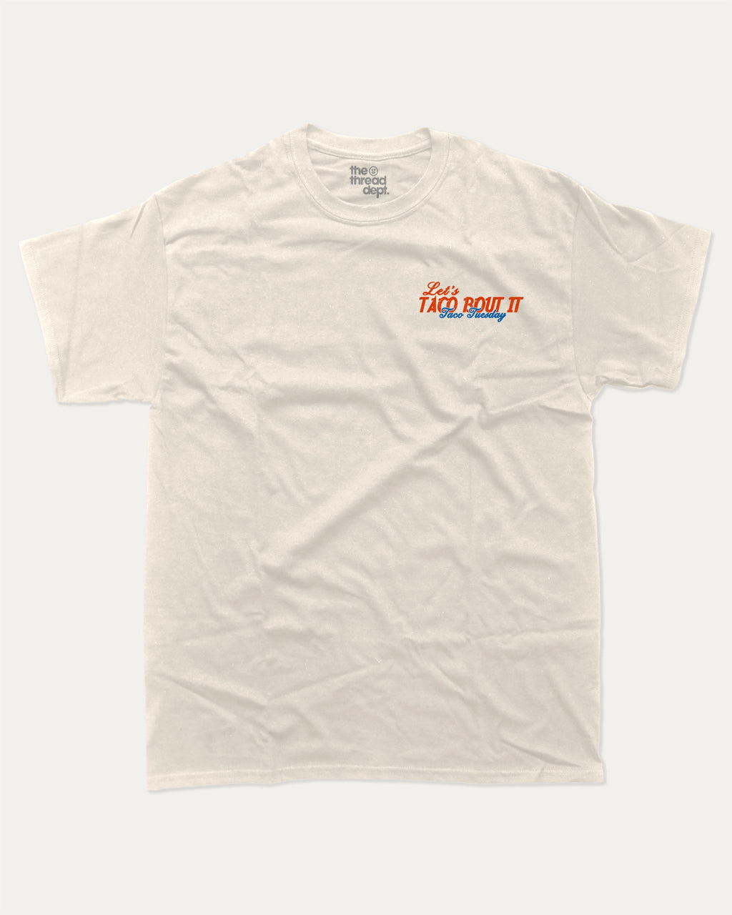 Taco bout it graphic tee with bold and humorous print, Perfect Gift for Taco Lovers, Taco Graphic T shirt, Vintage Taco T shirt, Vintage Taco Back Print T shirt, funny and trendy graphic. Perfect for adults and gift-giving. Cream shirt.