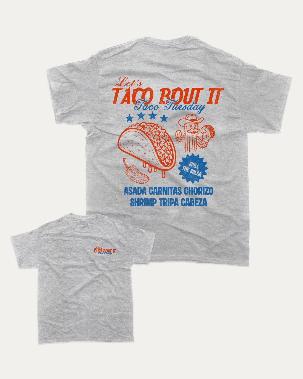 Taco bout it graphic tee with bold and humorous print, Perfect Gift for Taco Lovers, Taco Graphic T shirt, Vintage Taco T shirt, Vintage Taco Back Print T shirt, funny and trendy graphic. Perfect for adults and gift-giving. Heather Grey shirt.