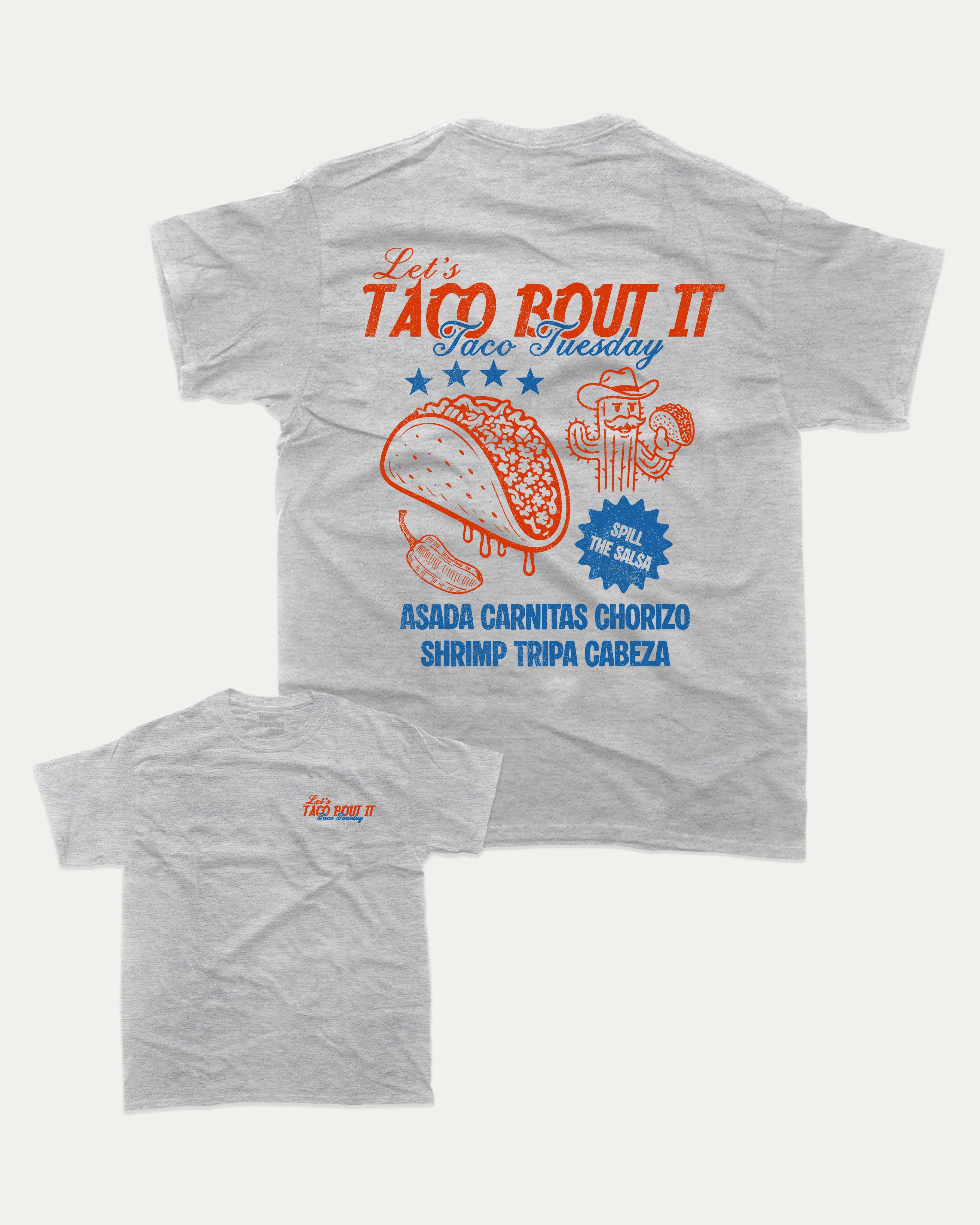 Taco bout it graphic tee with bold and humorous print, Perfect Gift for Taco Lovers, Taco Graphic T shirt, Vintage Taco T shirt, Vintage Taco Back Print T shirt, funny and trendy graphic. Perfect for adults and gift-giving. Heather Grey shirt.