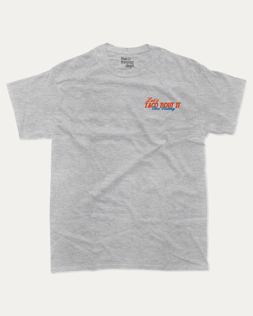 Taco bout it graphic tee with bold and humorous print, Perfect Gift for Taco Lovers, Taco Graphic T shirt, Vintage Taco T shirt, Vintage Taco Back Print T shirt, funny and trendy graphic. Perfect for adults and gift-giving. Heather Grey shirt.