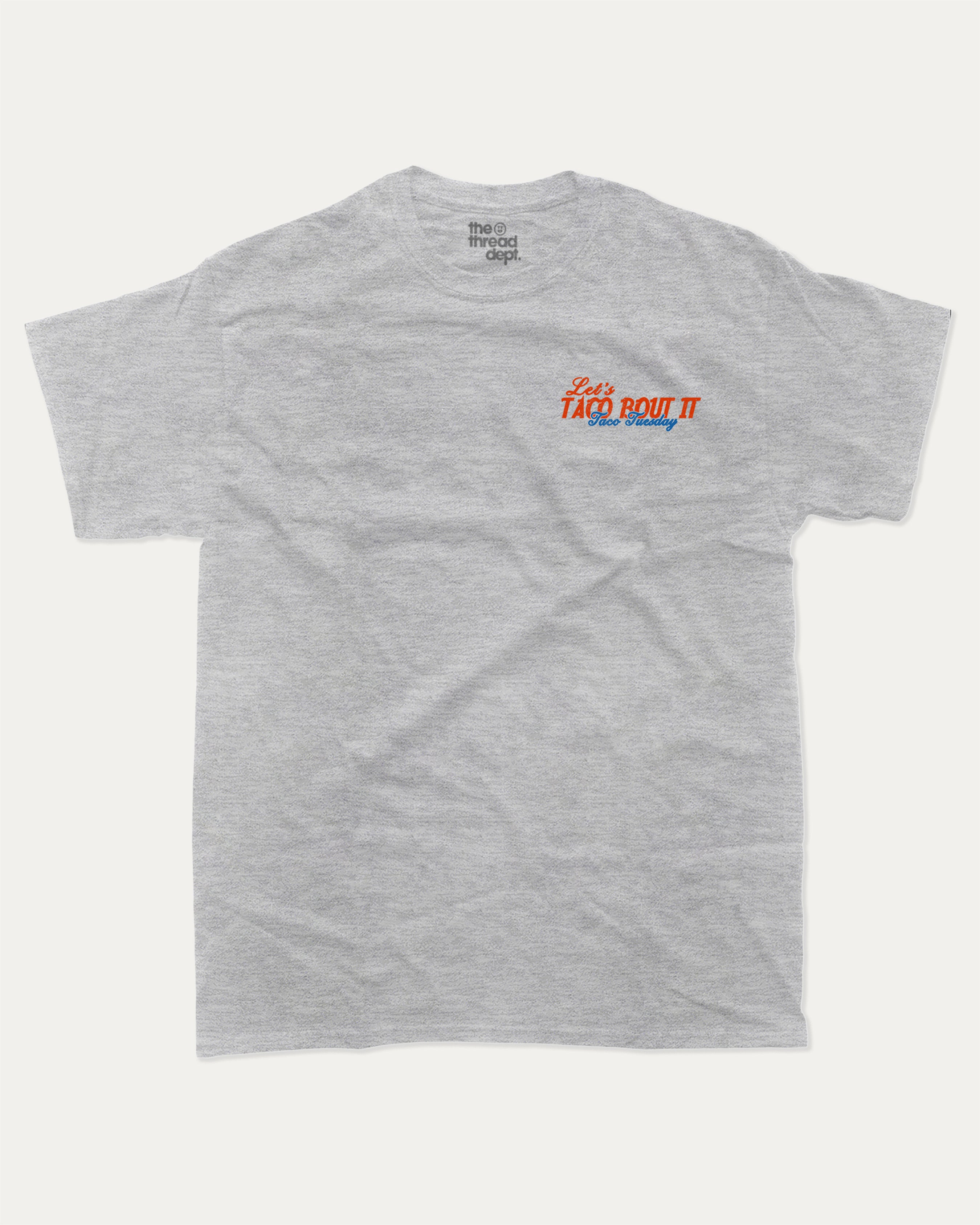 Taco bout it graphic tee with bold and humorous print, Perfect Gift for Taco Lovers, Taco Graphic T shirt, Vintage Taco T shirt, Vintage Taco Back Print T shirt, funny and trendy graphic. Perfect for adults and gift-giving. Heather Grey shirt.