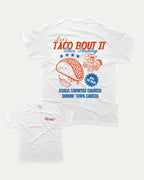 Taco bout it graphic tee with bold and humorous print, Perfect Gift for Taco Lovers, Taco Graphic T shirt, Vintage Taco T shirt, Vintage Taco Back Print T shirt, funny and trendy graphic. Perfect for adults and gift-giving. White shirt.