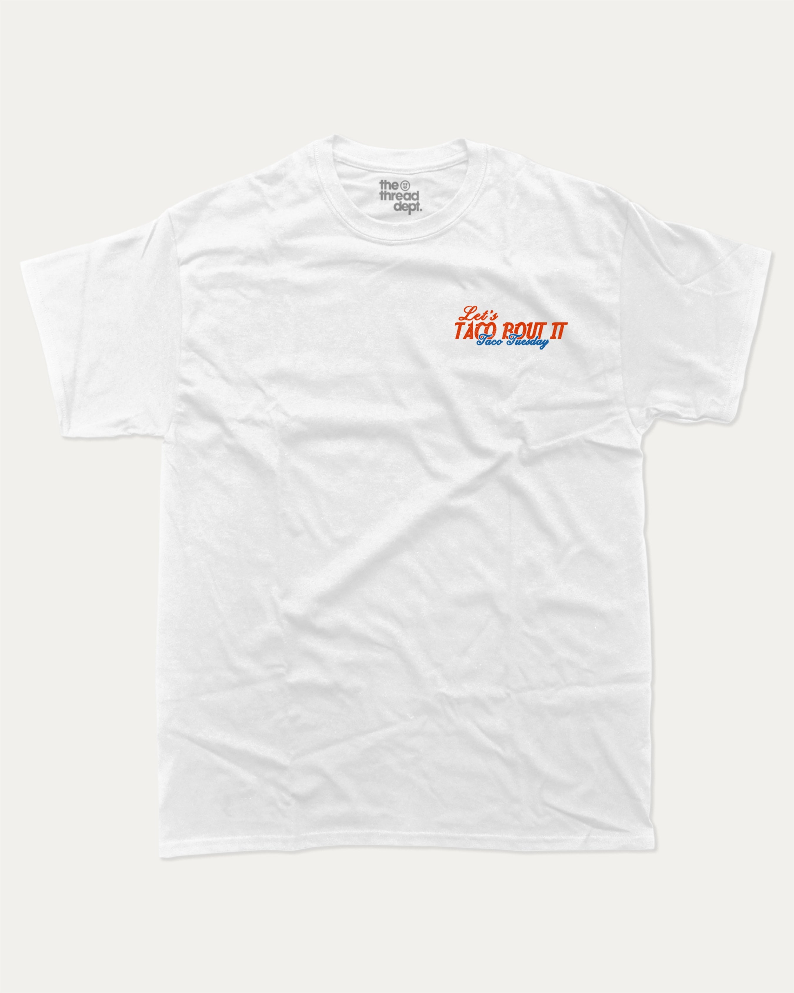 Taco bout it graphic tee with bold and humorous print, Perfect Gift for Taco Lovers, Taco Graphic T shirt, Vintage Taco T shirt, Vintage Taco Back Print T shirt, funny and trendy graphic. Perfect for adults and gift-giving. White shirt.