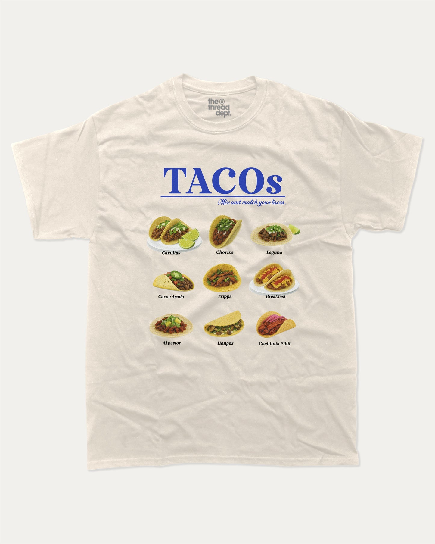 Tacos graphic t-shirt, Food T shirts, Food Apparel, Vintage Foodie Graphic Tees, A must-have funny tee, trending meme shirt, unique gift idea. Cream.
