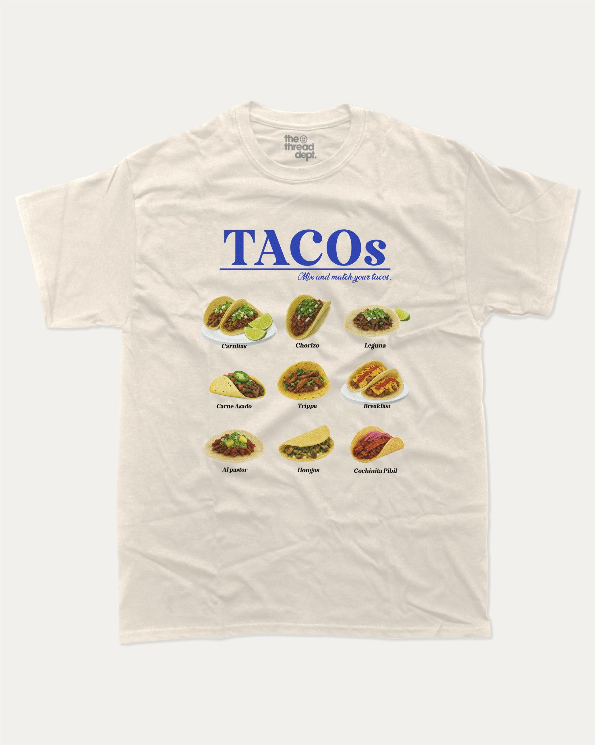 Tacos graphic t-shirt, Food T shirts, Food Apparel, Vintage Foodie Graphic Tees, A must-have funny tee, trending meme shirt, unique gift idea. Cream.