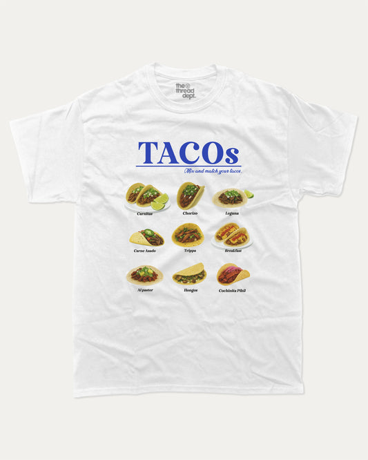 Tacos graphic t-shirt, Food T shirts, Food Apparel, Vintage Foodie Graphic Tees, A must-have funny tee, trending meme shirt, unique gift idea. White.