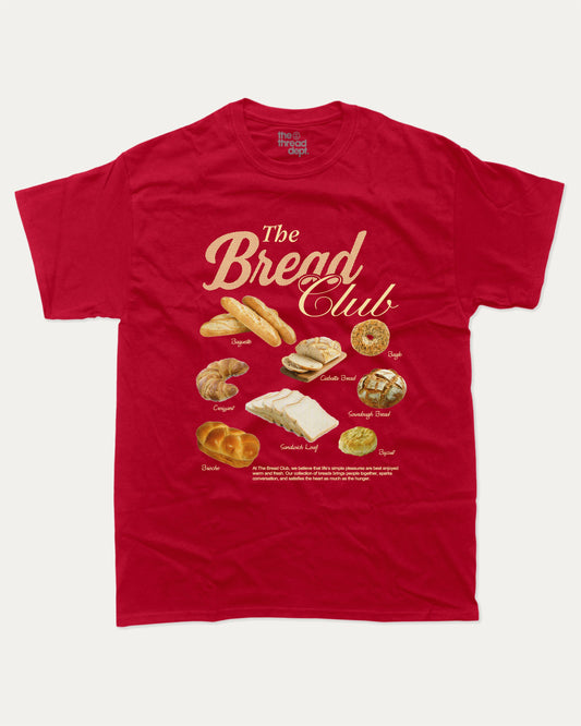 The Bread Club graphic t-shirt, perfect for adults. A must-have funny tee, trending meme shirt, unique gift idea. Cardinal.