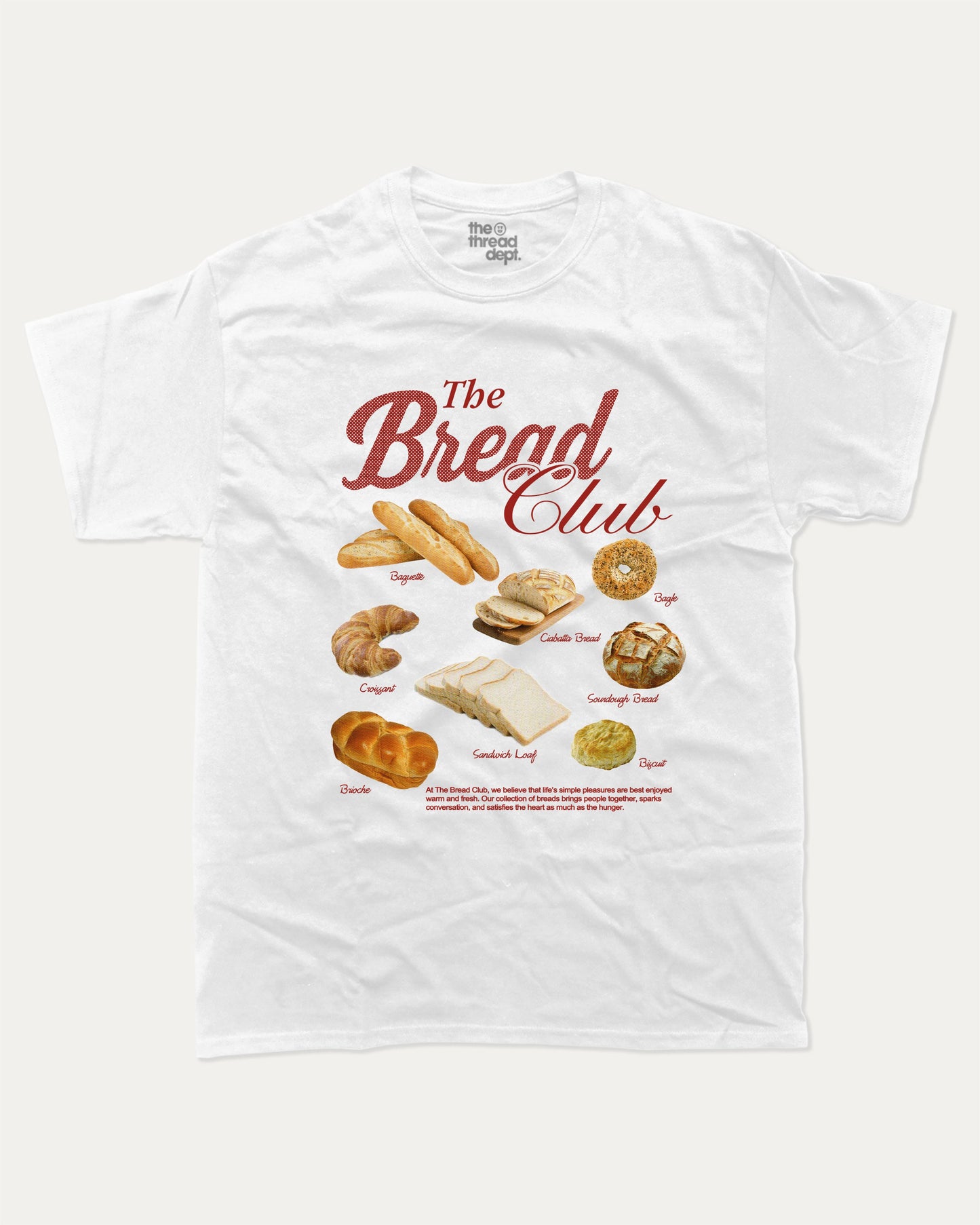 The Bread Club graphic t-shirt, perfect for adults. A must-have funny tee, trending meme shirt, unique gift idea. White.