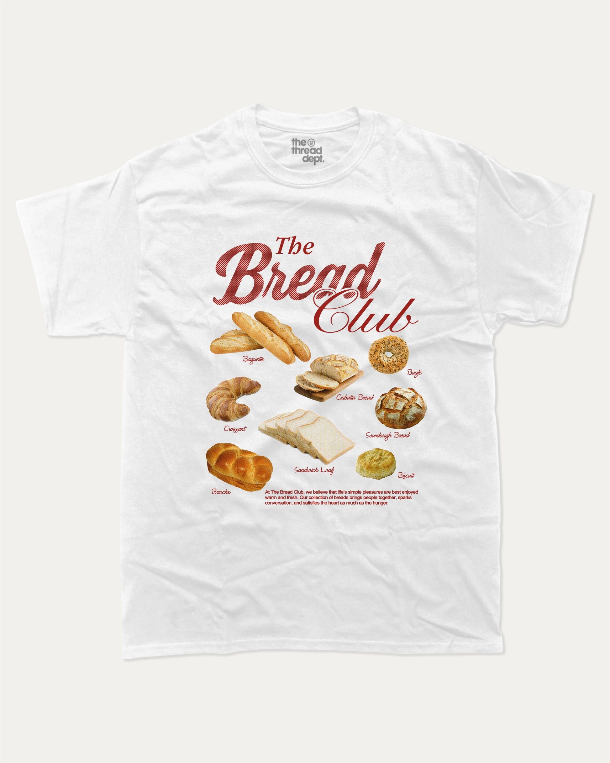 The Bread Club graphic t-shirt, perfect for adults. A must-have funny tee, trending meme shirt, unique gift idea. White.