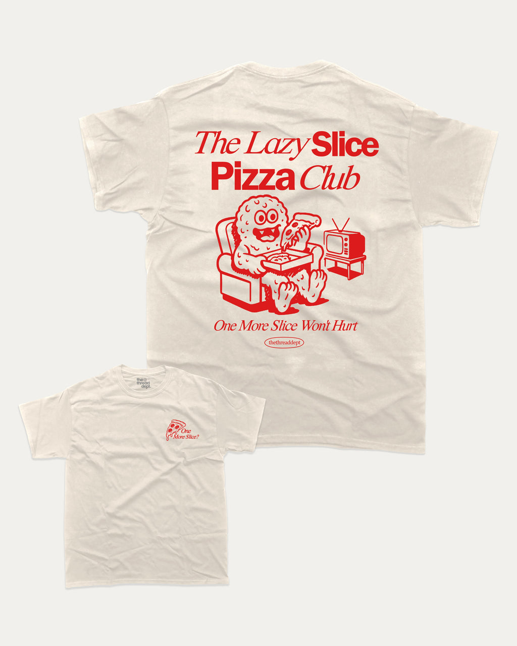 The Lazy Slice Pizza Club graphic t-shirt, Trendy pizza graphic t-shirt for men and women  fun, casual design perfect for everyday wear and food lovers. Cream.
