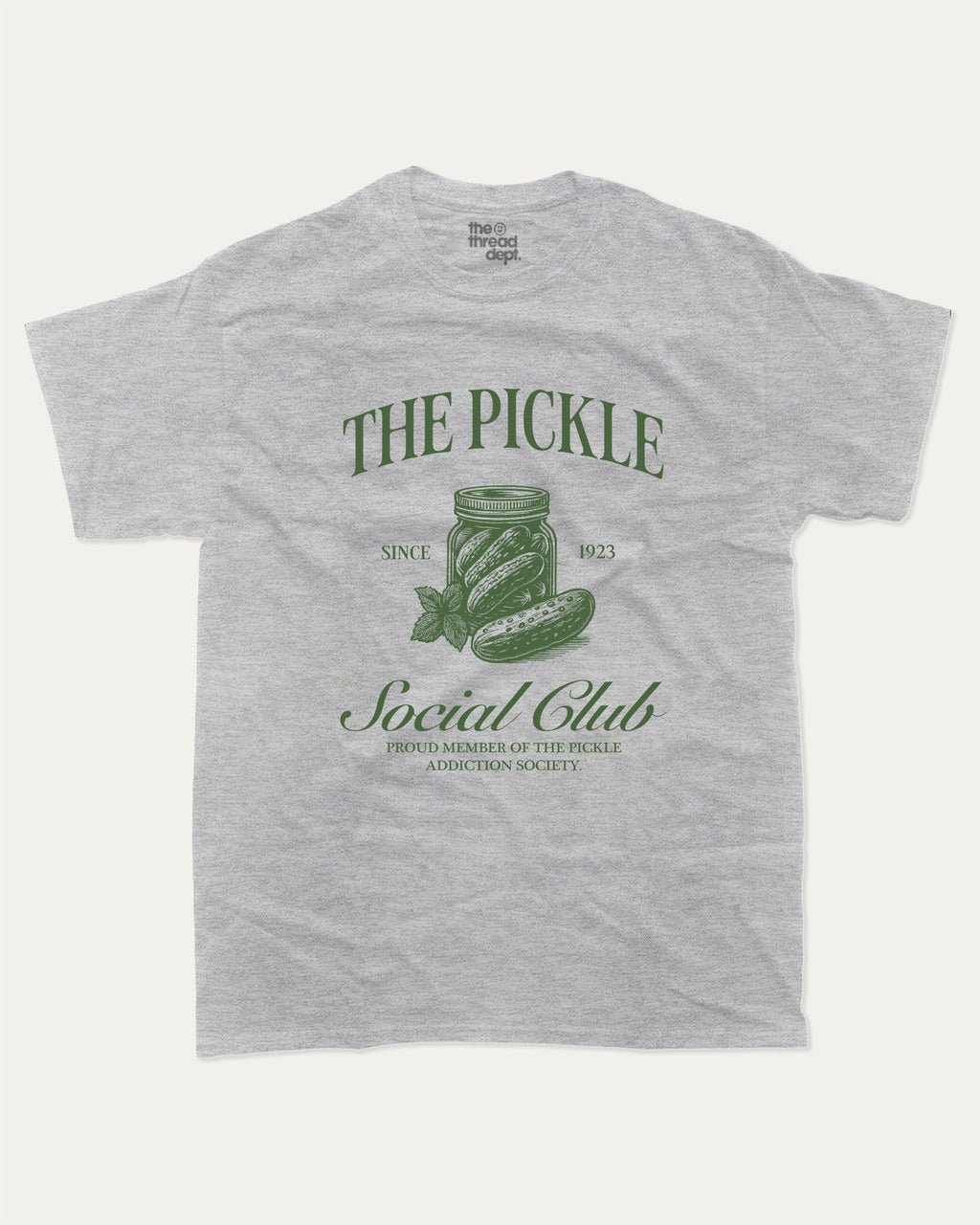 The Pickle Social Club graphic t-shirt, Funny pickle graphic t-shirt with playful design  perfect gift idea and casual outfit. Heather Grey.