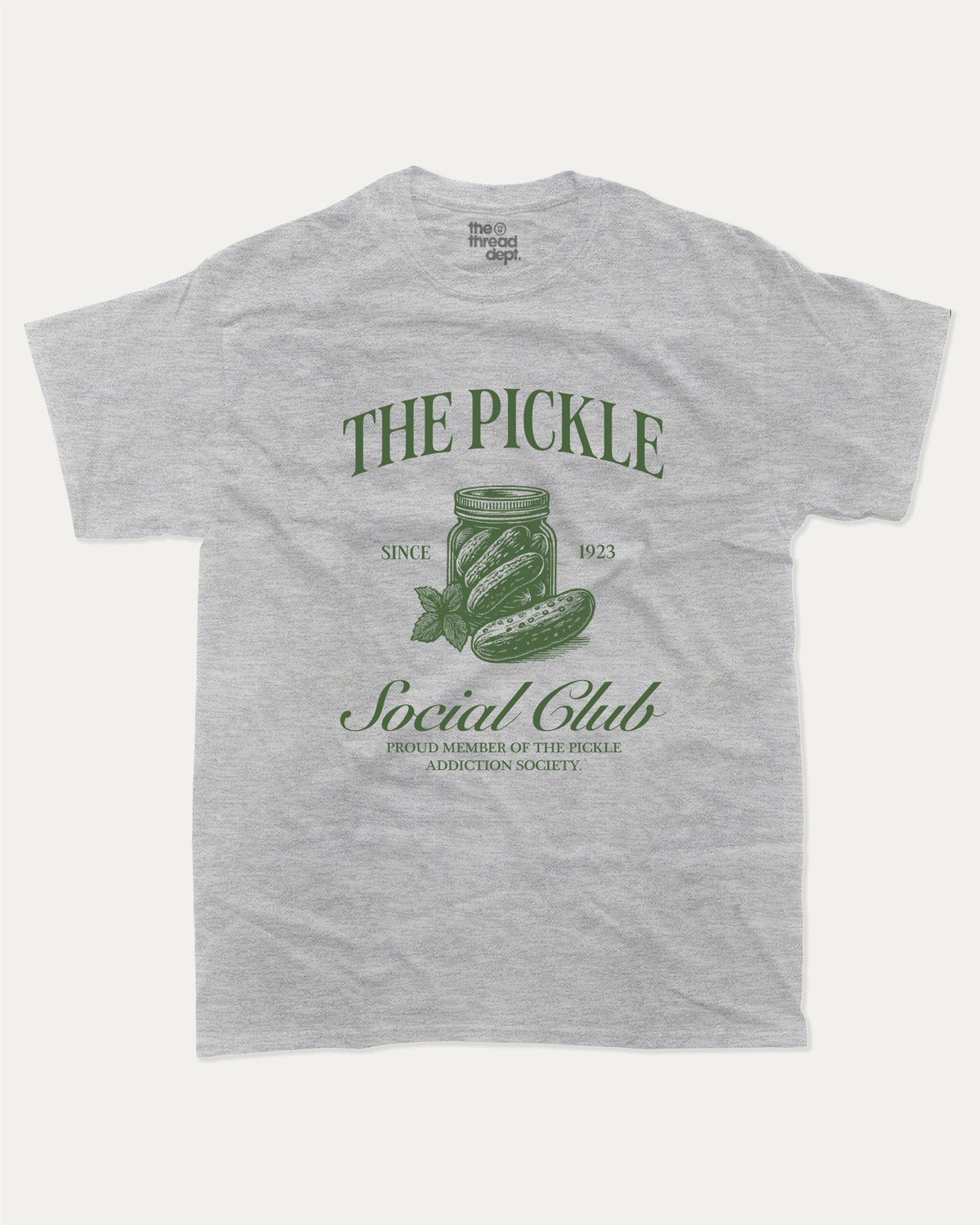 The Pickle Social Club graphic t-shirt, Funny pickle graphic t-shirt with playful design  perfect gift idea and casual outfit. Heather Grey.