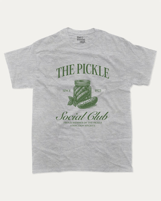 The Pickle Social Club graphic t-shirt, Funny pickle graphic t-shirt with playful design  perfect gift idea and casual outfit. Heather Grey.