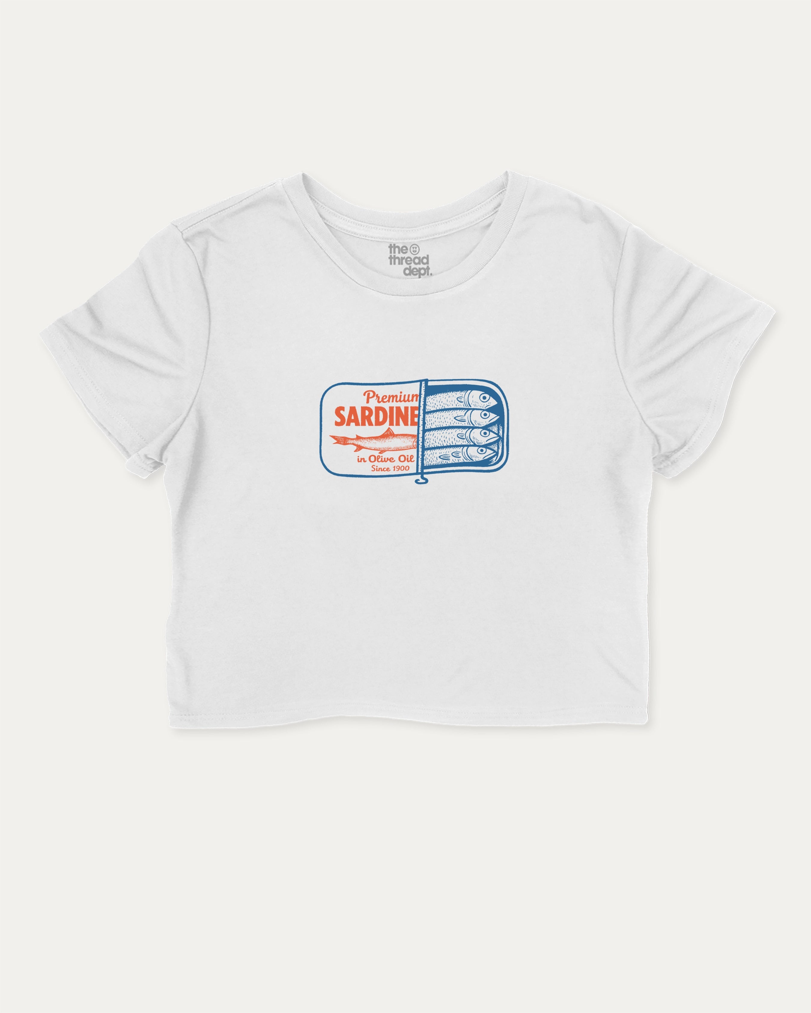 Tinned Sardines graphic crop tee with funny and trendy slogan print, perfect for women’s casual looks or layering. White crop t-shirt.
