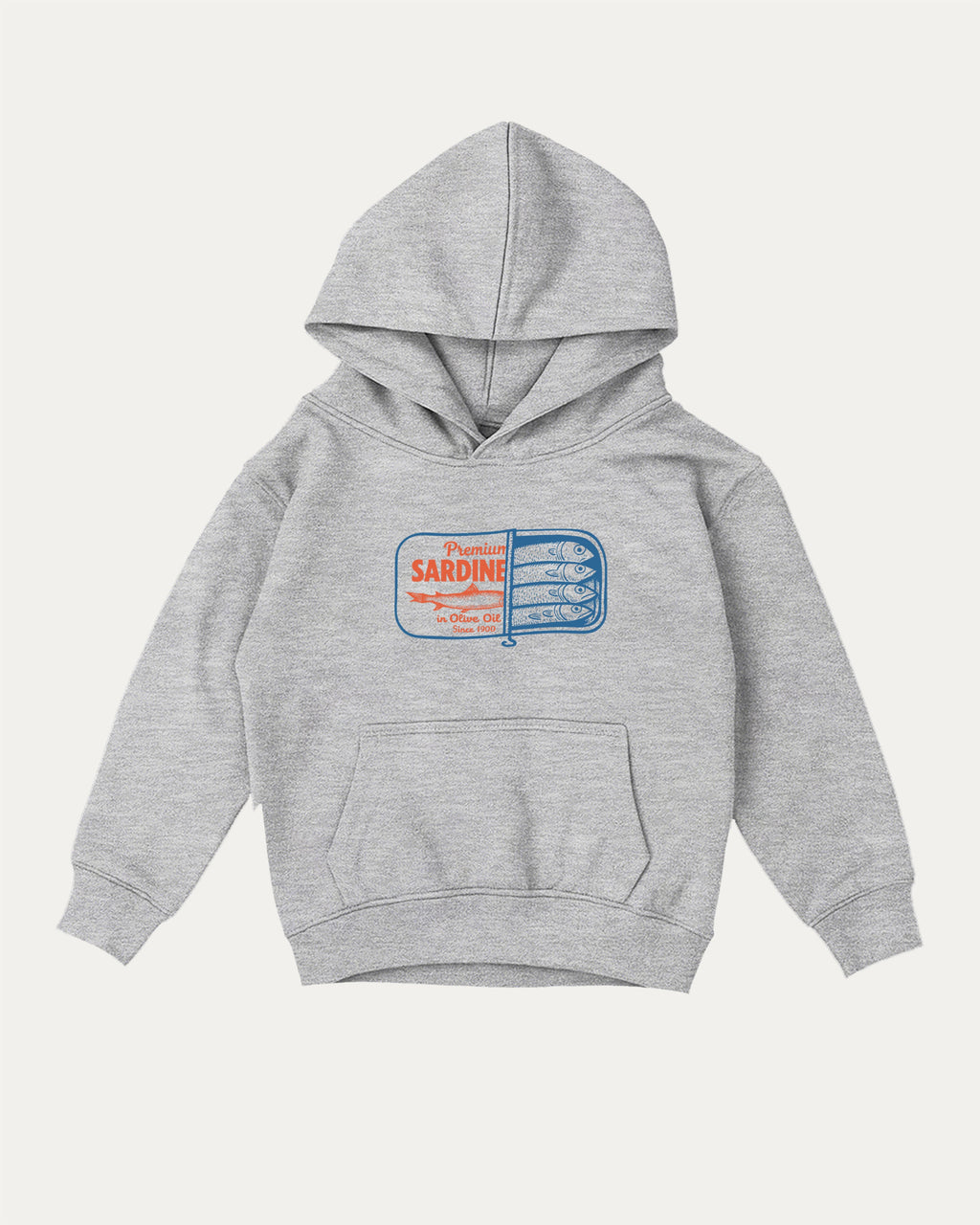 Tinned Sardines kids graphic hoodie with cozy fit and fun design, perfect for school, play, and gifting. Heather Grey kids sweater.