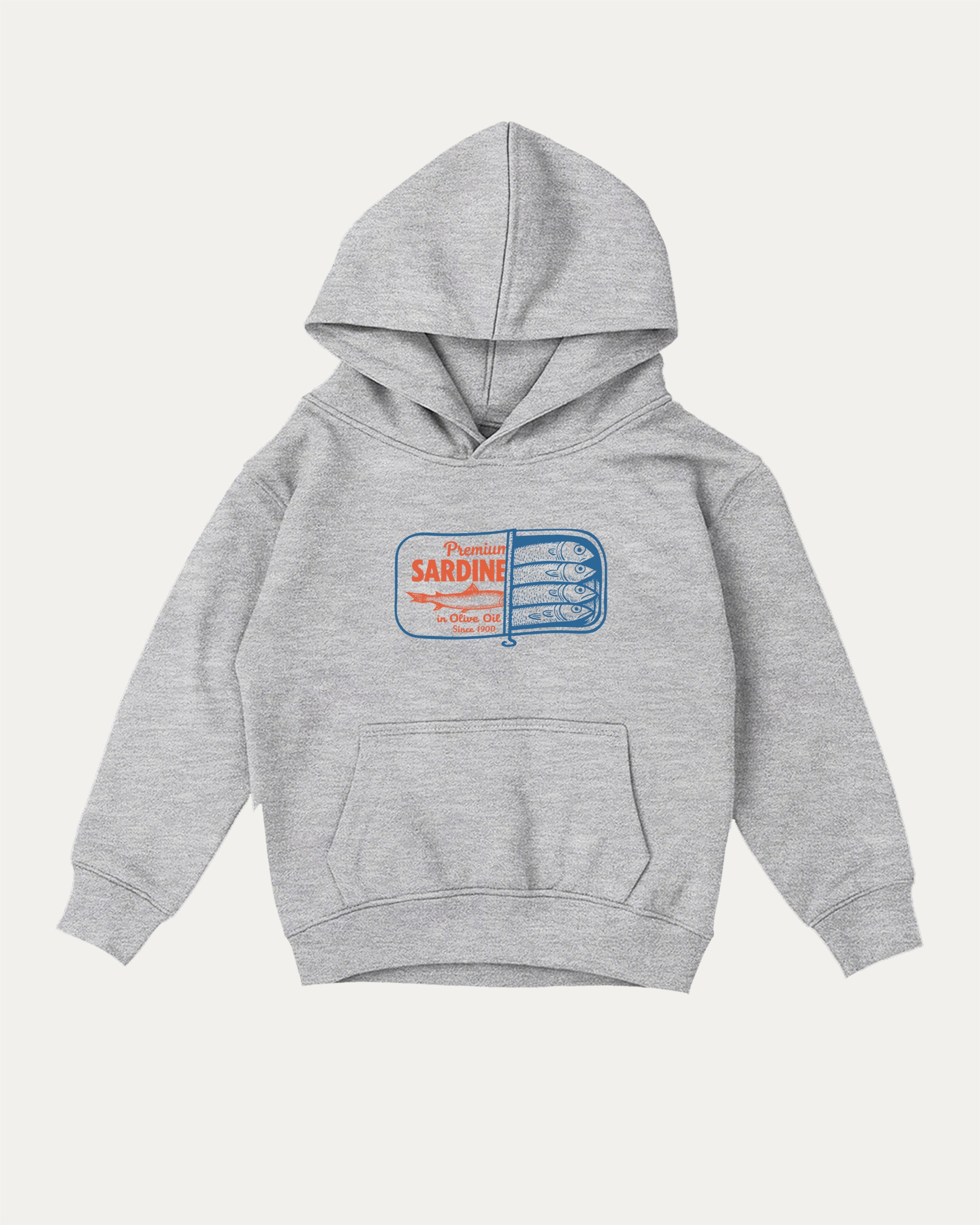 Tinned Sardines kids graphic hoodie with cozy fit and fun design, perfect for school, play, and gifting. Heather Grey kids sweater.