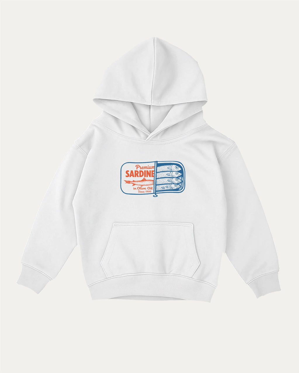 Tinned Sardines kids graphic hoodie with cozy fit and fun design, perfect for school, play, and gifting. White kids sweater.