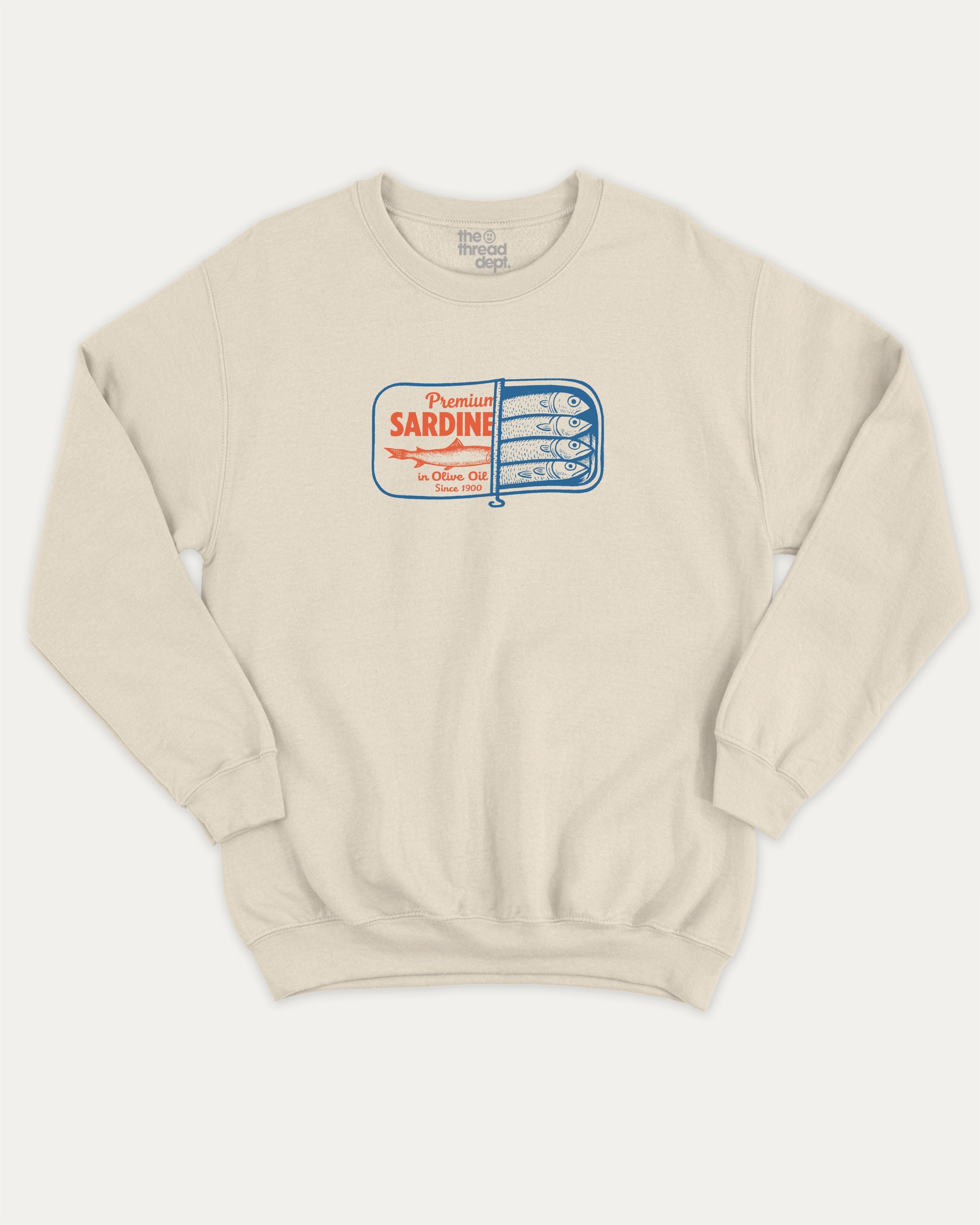 Tinned Sardines graphic sweatshirt with bold and retro print, warm and cozy graphic for everyday wear. Perfect for adults and gift-giving. Natural pullover.