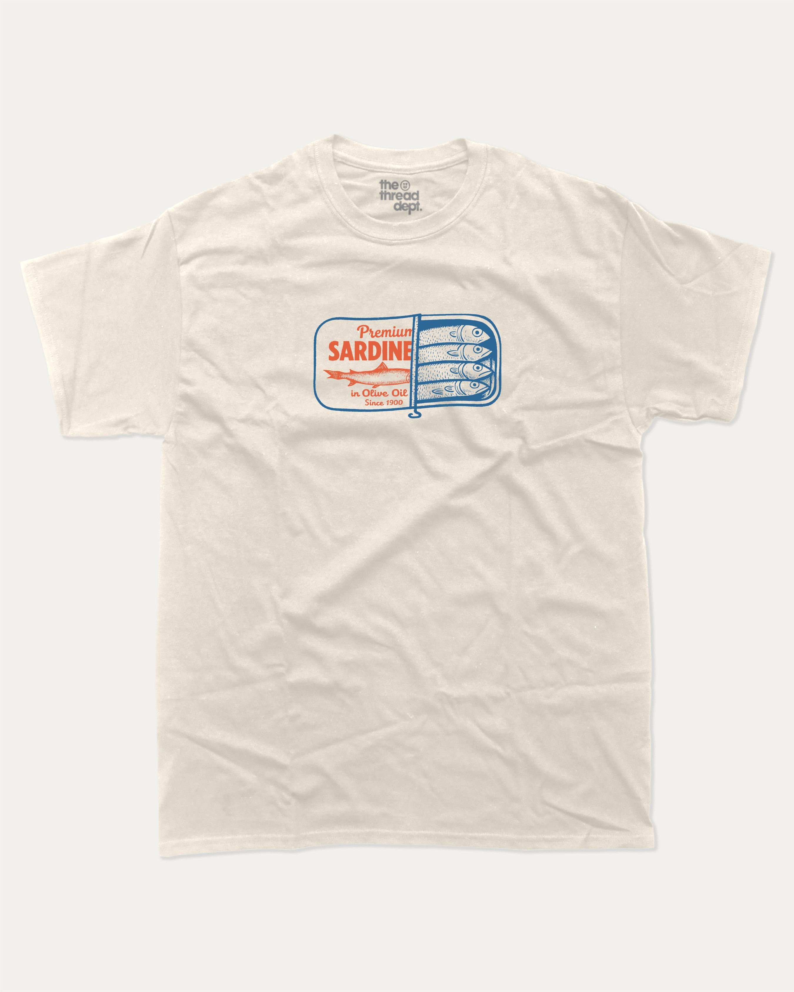 Tinned Sardines graphic tee with bold and retro print, funny and trendy graphic. Perfect for adults and gift-giving. Cream shirt.
