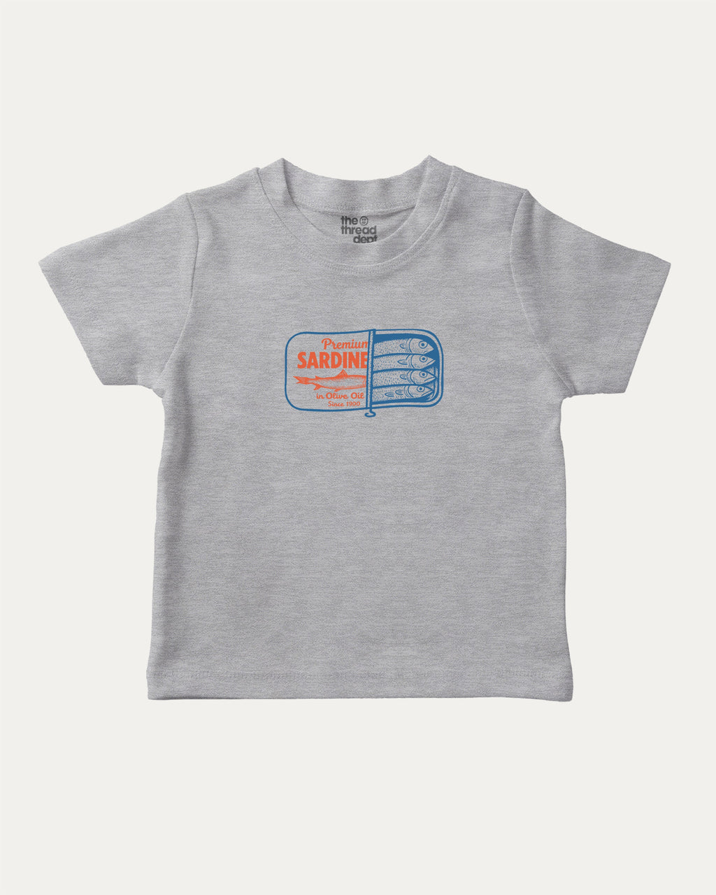 Tinned Sardines graphic tee with retro vintage sardines print, funny and trendy graphic. Perfect for adults and gift-giving. Heather Grey shirt.