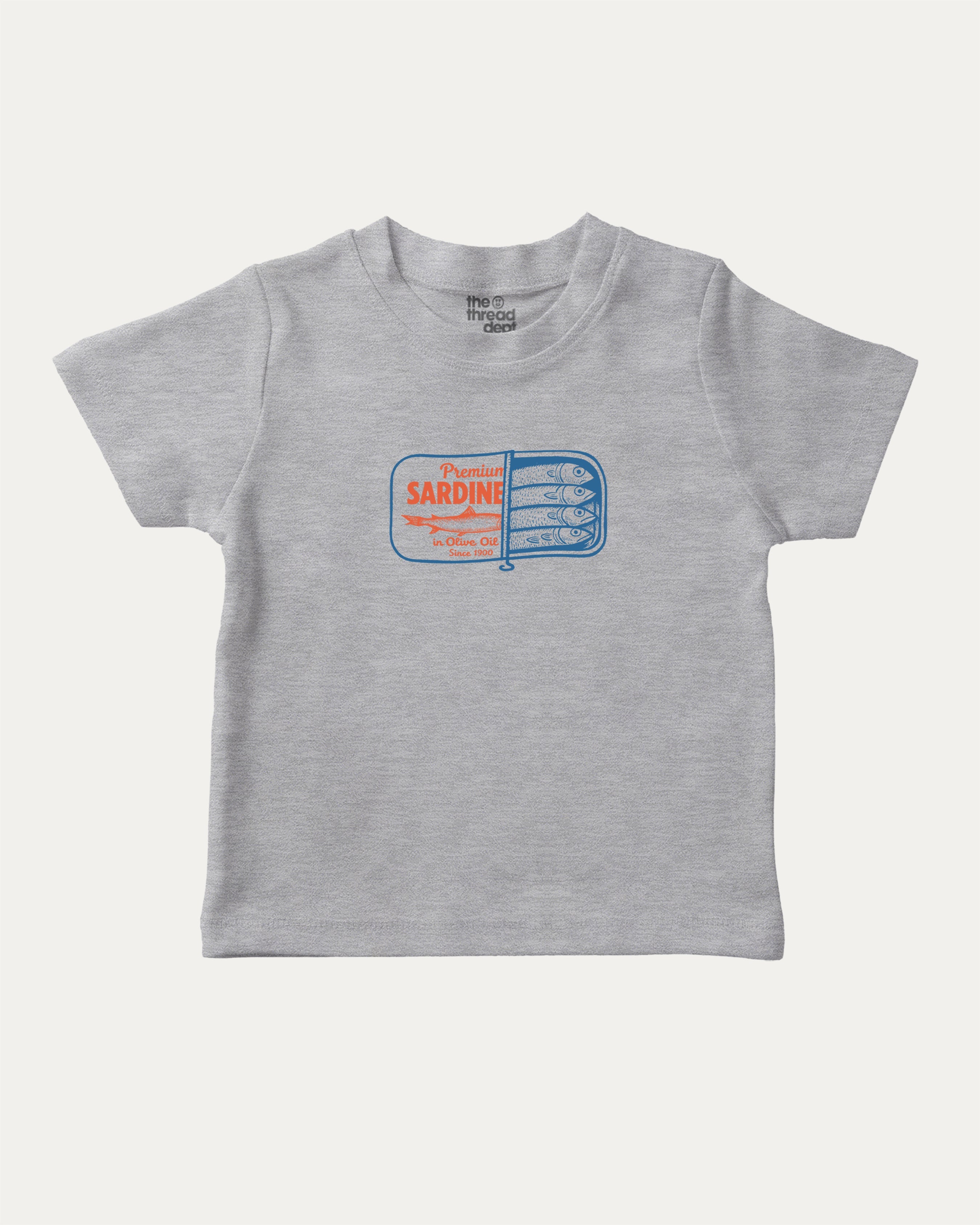 Tinned Sardines graphic tee with retro vintage sardines print, funny and trendy graphic. Perfect for adults and gift-giving. Heather Grey shirt.