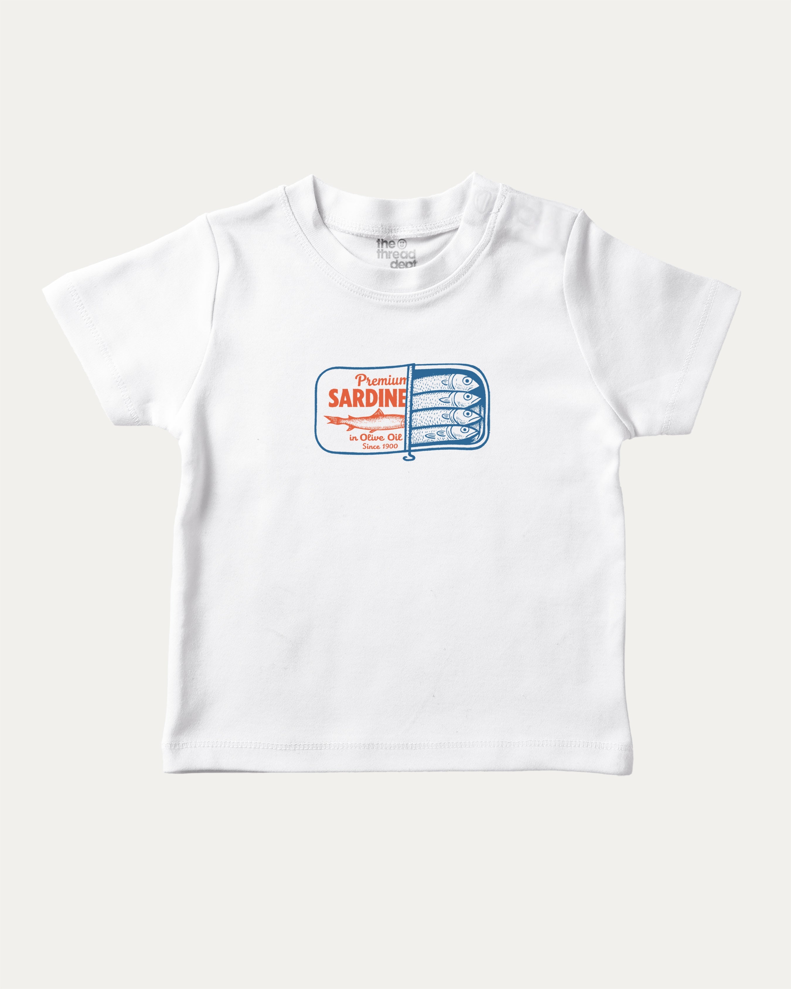 Tinned Sardines graphic tee with retro vintage sardines print, funny and trendy graphic. Perfect for adults and gift-giving. White shirt.