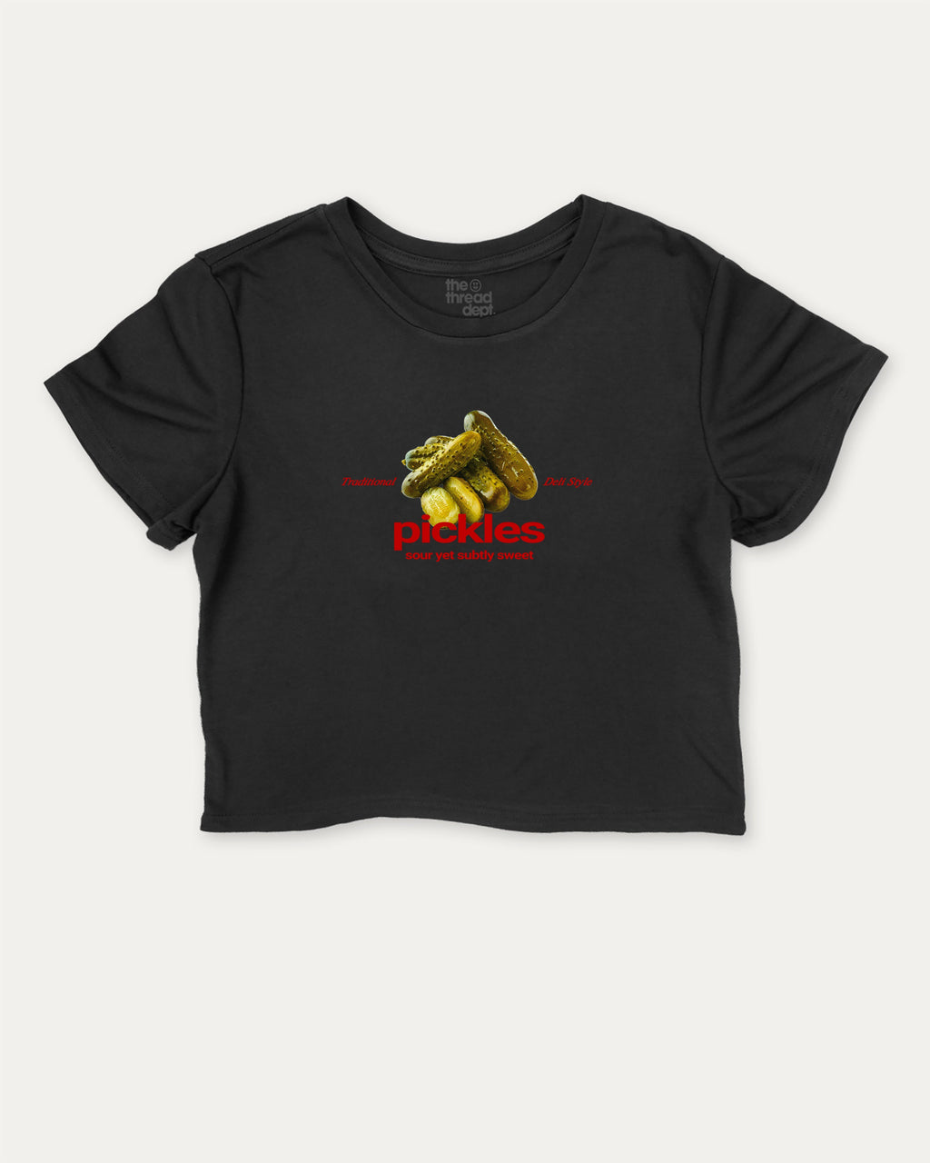 Traditional Pickles graphic crop tee with funny and trendy slogan print, perfect for women_ casual looks or layering. Black crop t-shirt.