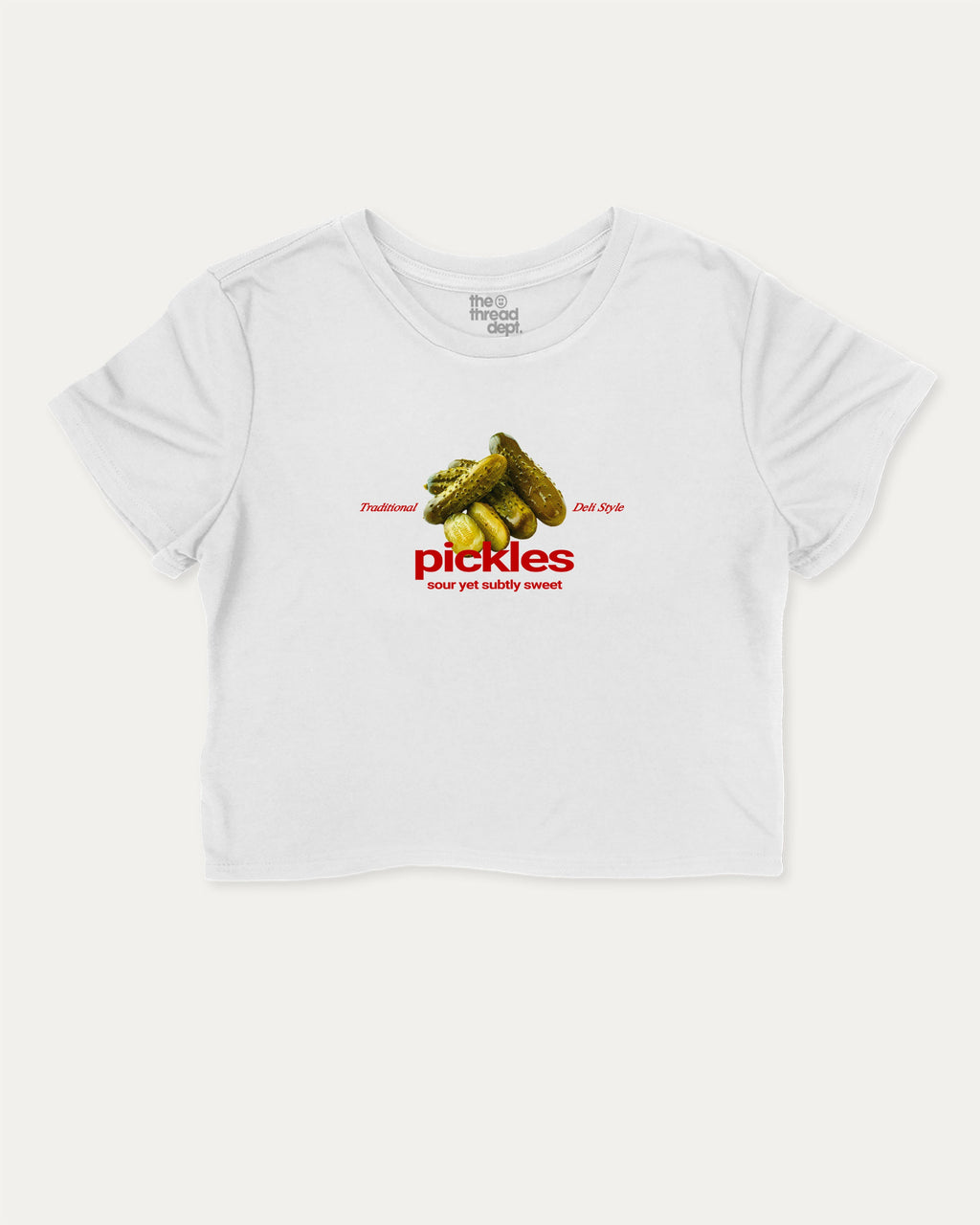 Traditional Pickles graphic crop tee with funny and trendy slogan print, perfect for women_ casual looks or layering. White crop t-shirt.