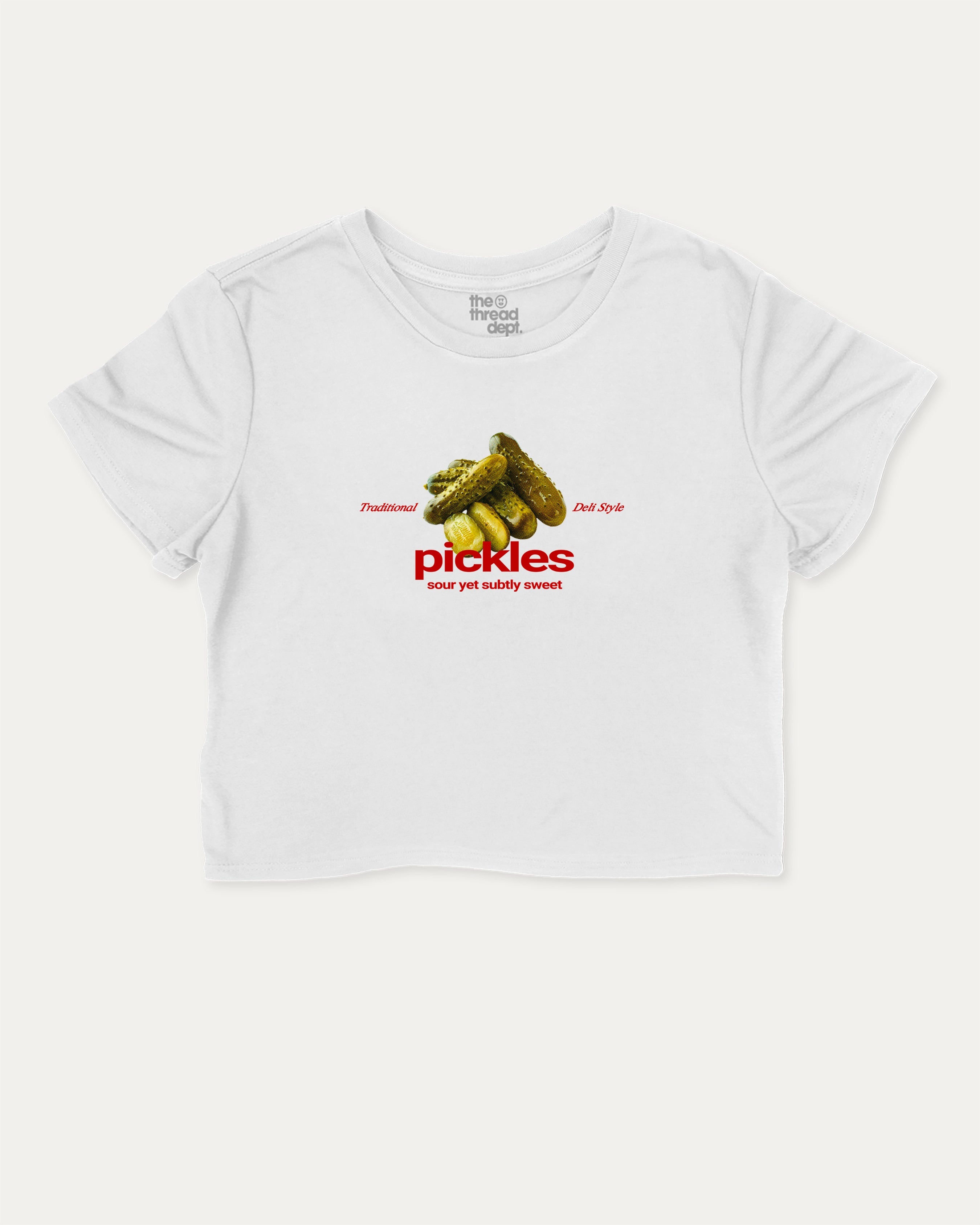 Traditional Pickles graphic crop tee with funny and trendy slogan print, perfect for women_ casual looks or layering. White crop t-shirt.