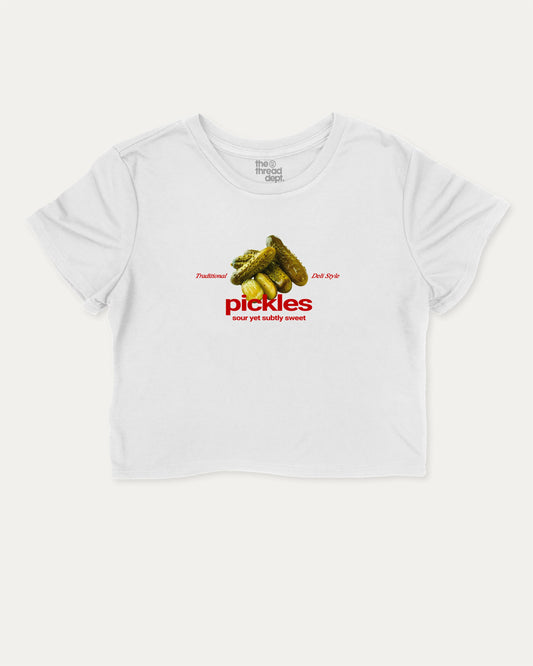 Traditional Pickles graphic crop tee with funny and trendy slogan print, perfect for women’s casual looks or layering. White crop t-shirt.