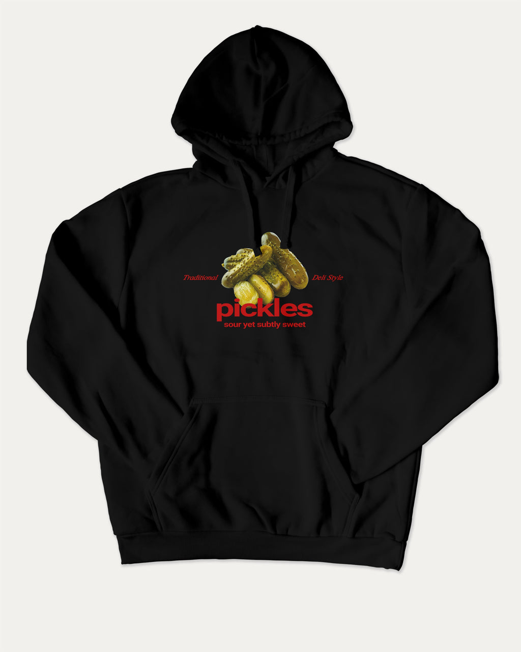 Traditional Pickles graphic hoodie with funny and trendy artwork, casual streetwear with bold personality. Great for adults and gifting. Black hoodie.
