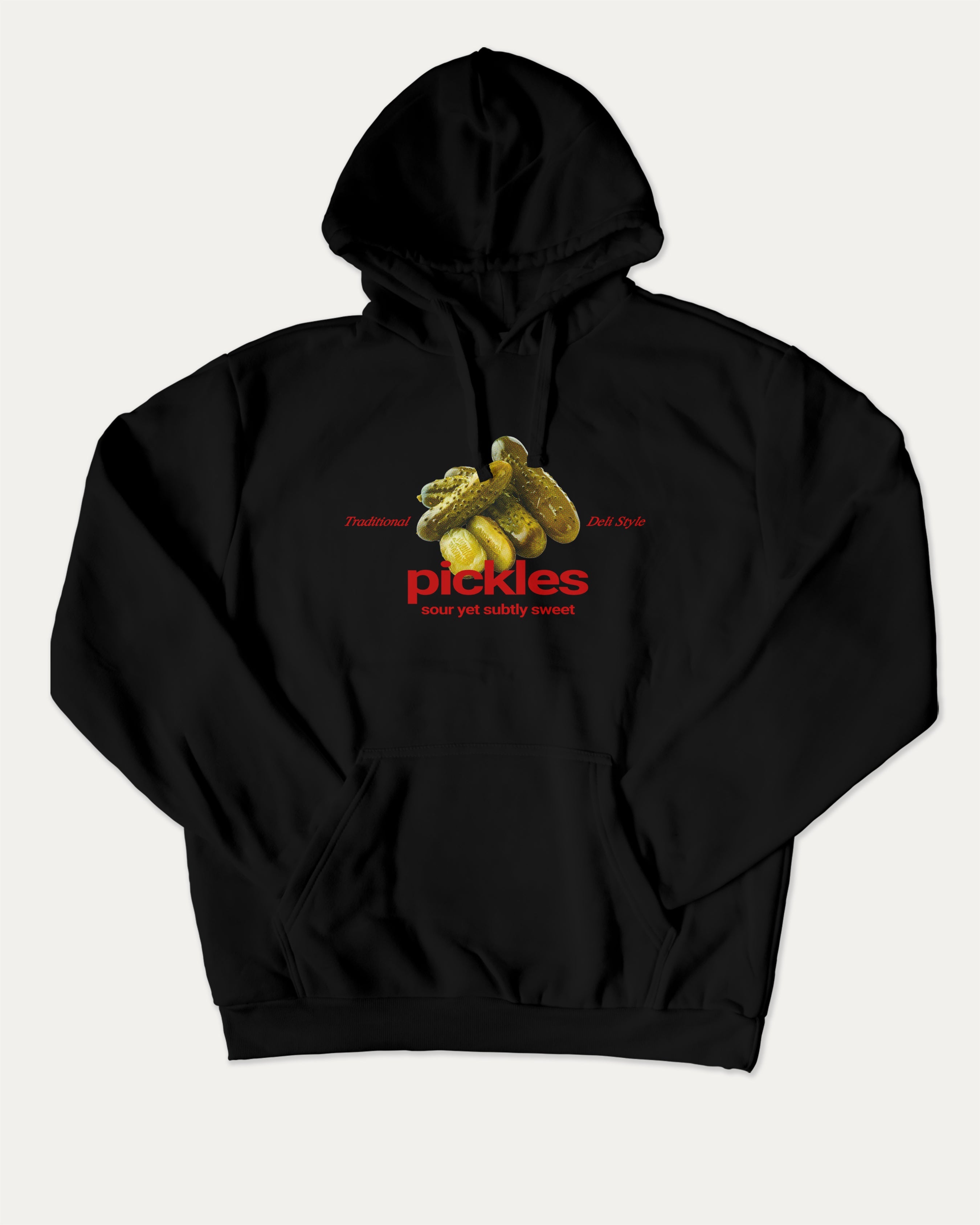 Traditional Pickles graphic hoodie with funny and trendy artwork, casual streetwear with bold personality. Great for adults and gifting. Black hoodie.