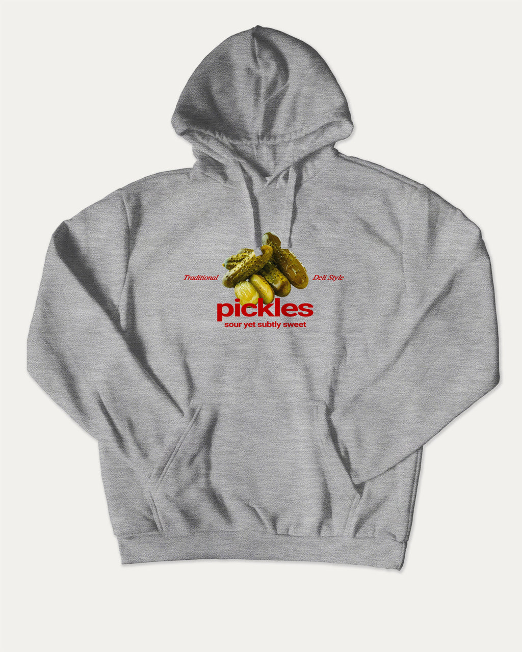 Traditional Pickles graphic hoodie with funny and trendy artwork, casual streetwear with bold personality. Great for adults and gifting. Heather Grey hoodie.