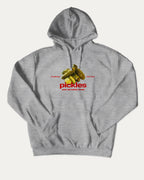 Traditional Pickles graphic hoodie with funny and trendy artwork, casual streetwear with bold personality. Great for adults and gifting. Heather Grey hoodie.