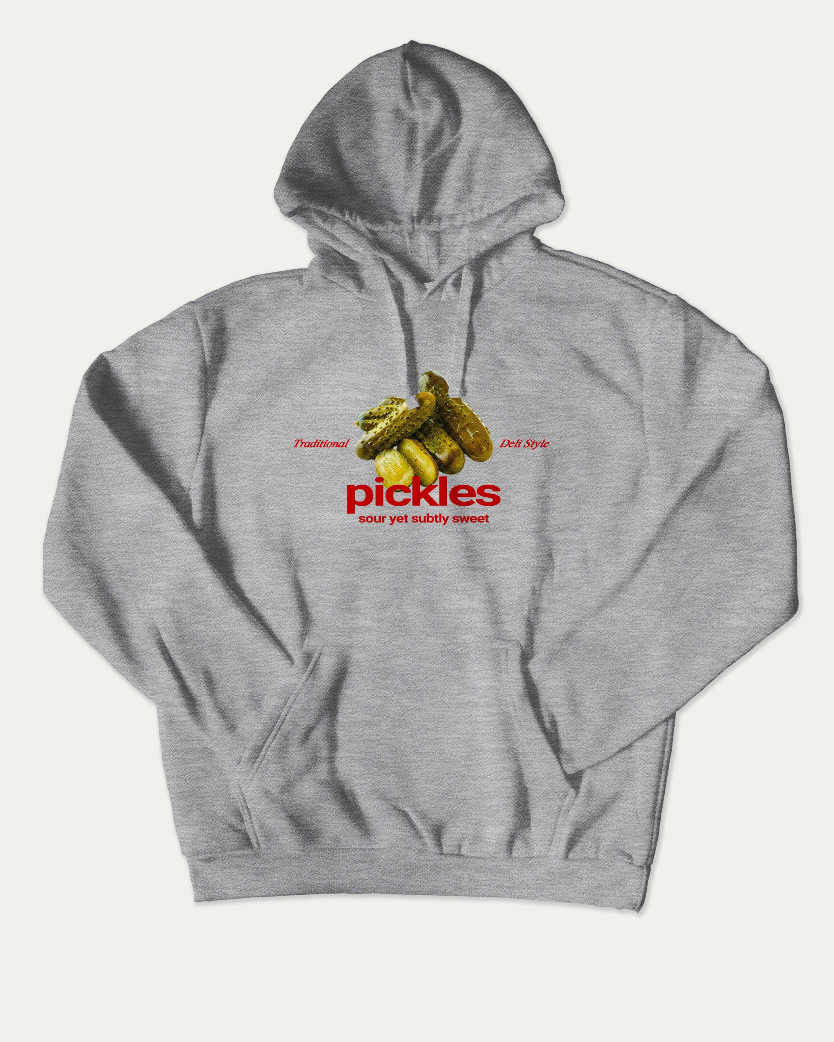 Traditional Pickles graphic hoodie with funny and trendy artwork, casual streetwear with bold personality. Great for adults and gifting. Heather Grey hoodie.