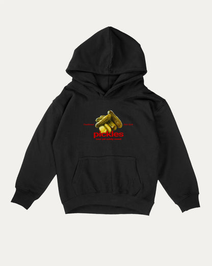 Traditional Pickles kids graphic hoodie with cozy fit and fun design, perfect for school, play, and gifting. Black kids sweater.