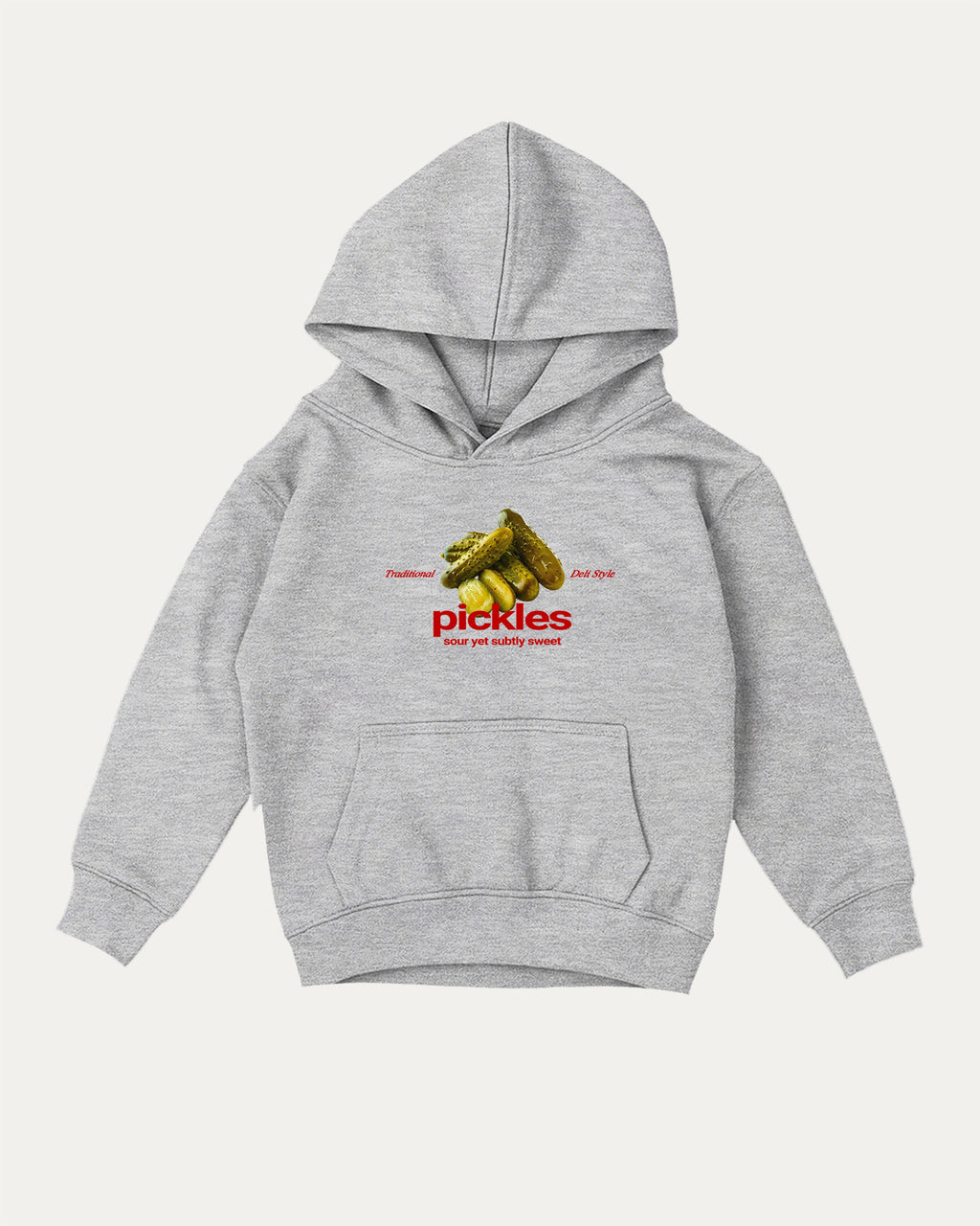 Traditional Pickles kids graphic hoodie with cozy fit and fun design, perfect for school, play, and gifting. Heather Grey kids sweater.