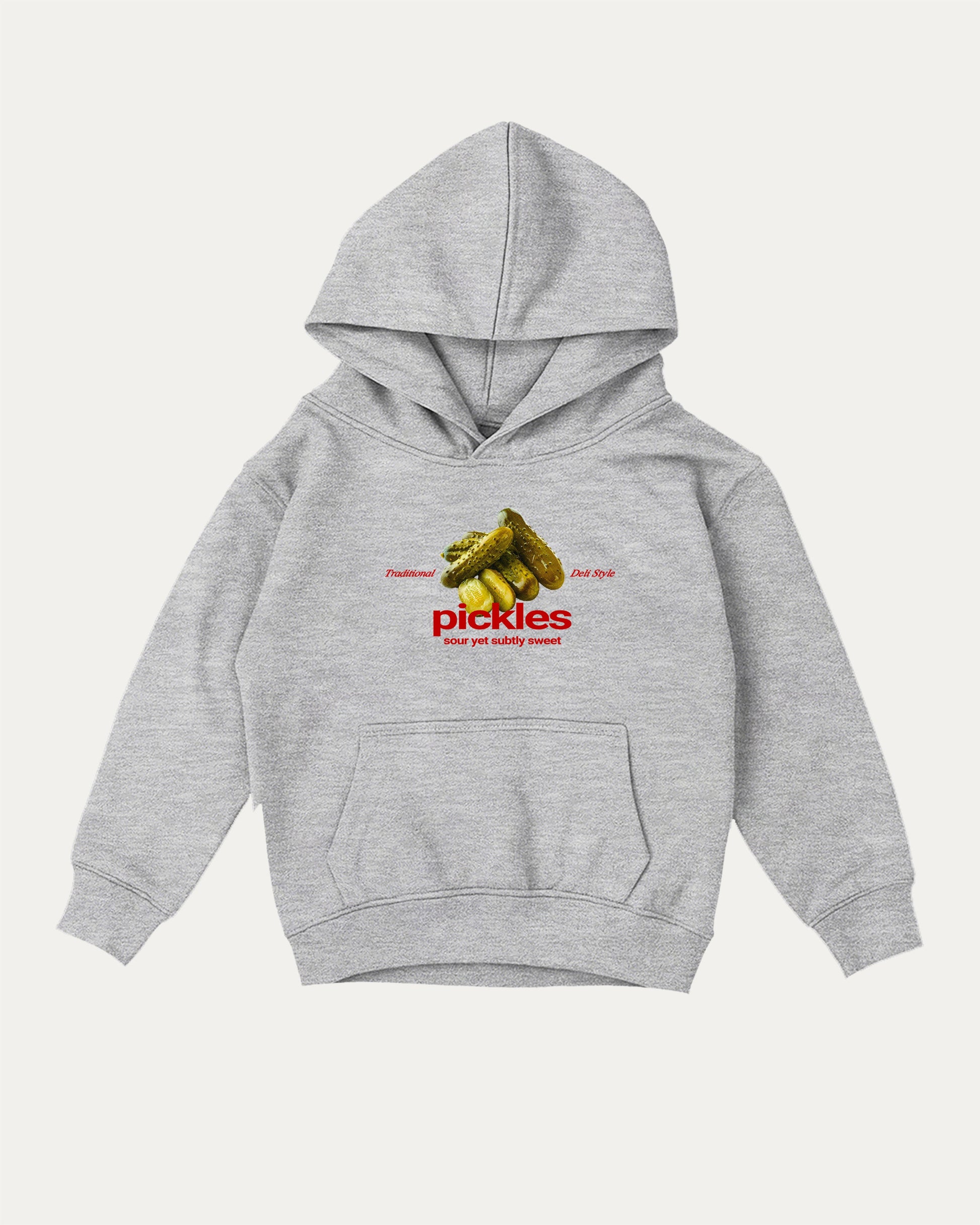 Traditional Pickles kids graphic hoodie with cozy fit and fun design, perfect for school, play, and gifting. Heather Grey kids sweater.