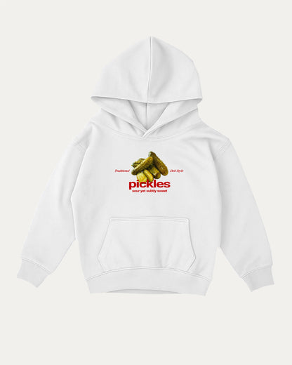 Traditional Pickles kids graphic hoodie with cozy fit and fun design, perfect for school, play, and gifting. White kids sweater.