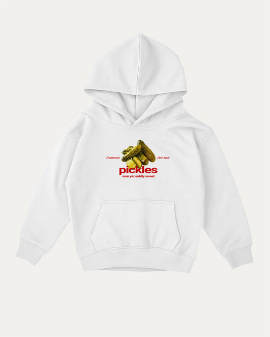 Traditional Pickles kids graphic hoodie with cozy fit and fun design, perfect for school, play, and gifting. White kids sweater.